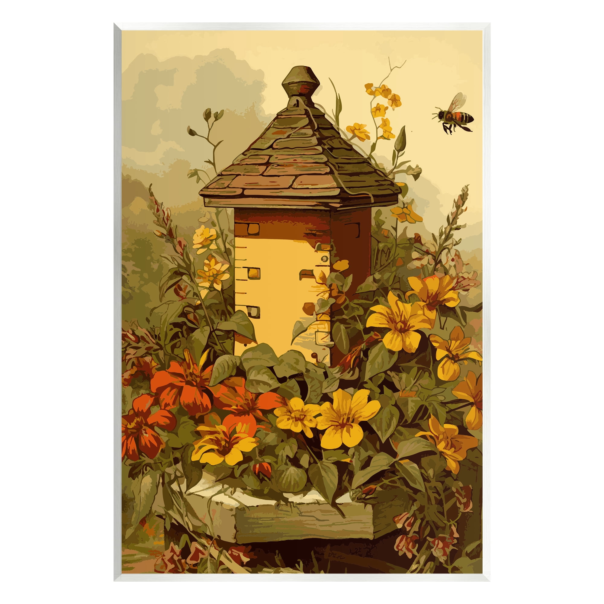 Stupell Industries Bees & Floral Architecture Botanical & Floral Painting Unframed Art Print Wall Art, 13 x 19