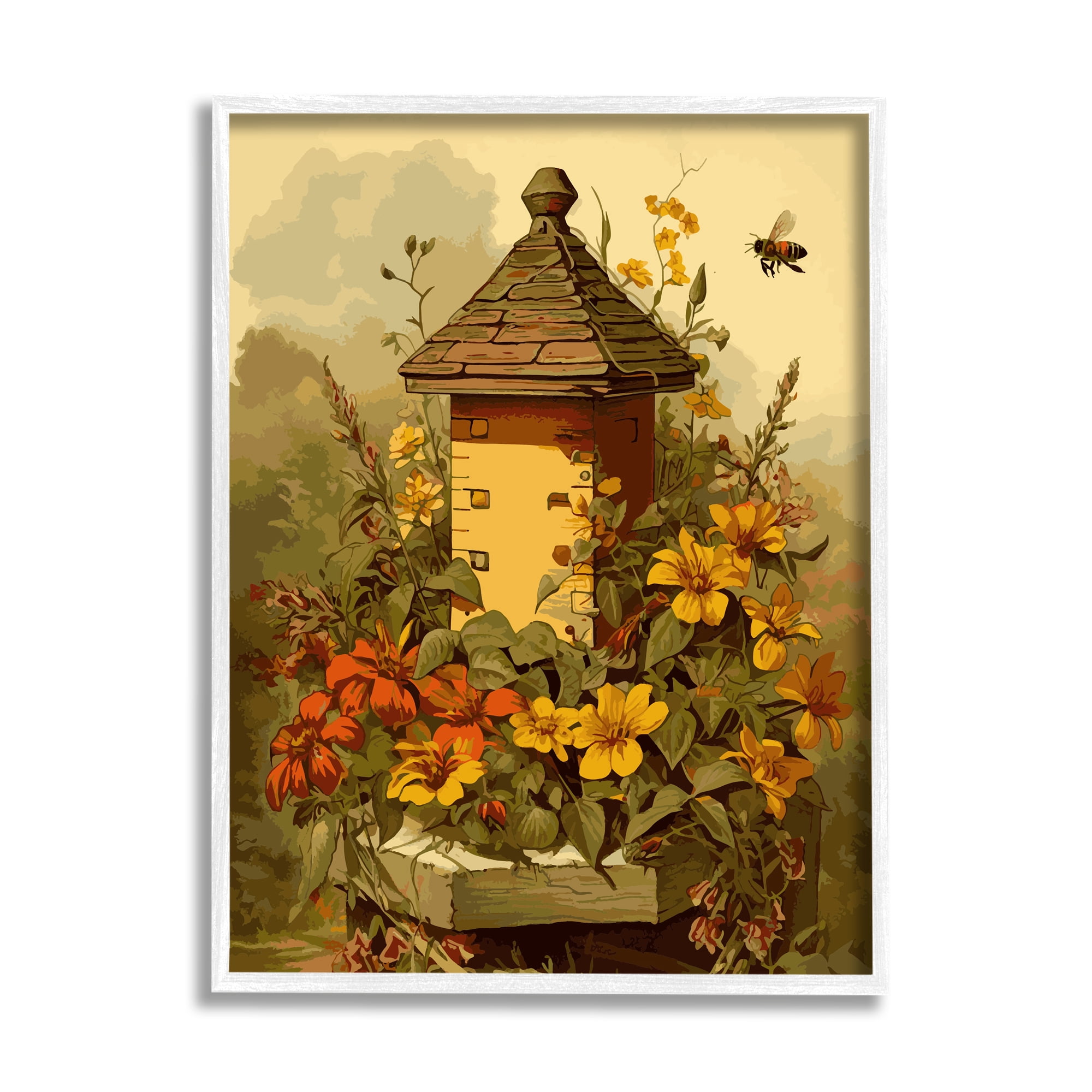 Stupell Industries Bees & Floral Architecture Botanical & Floral Painting White Framed Art Print Wall Art, 16 x 20