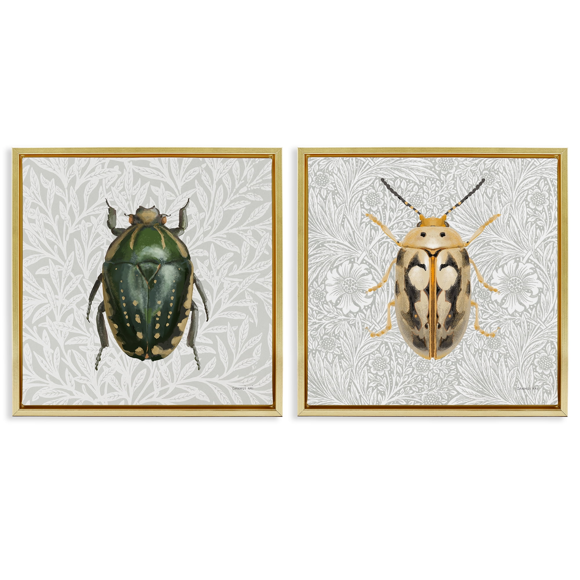 Stupell Industries Beetle Insect Portrait Animals Painting Gold Floater Framed Canvas Art Print Wall Art, 18 x 18, Set of 2