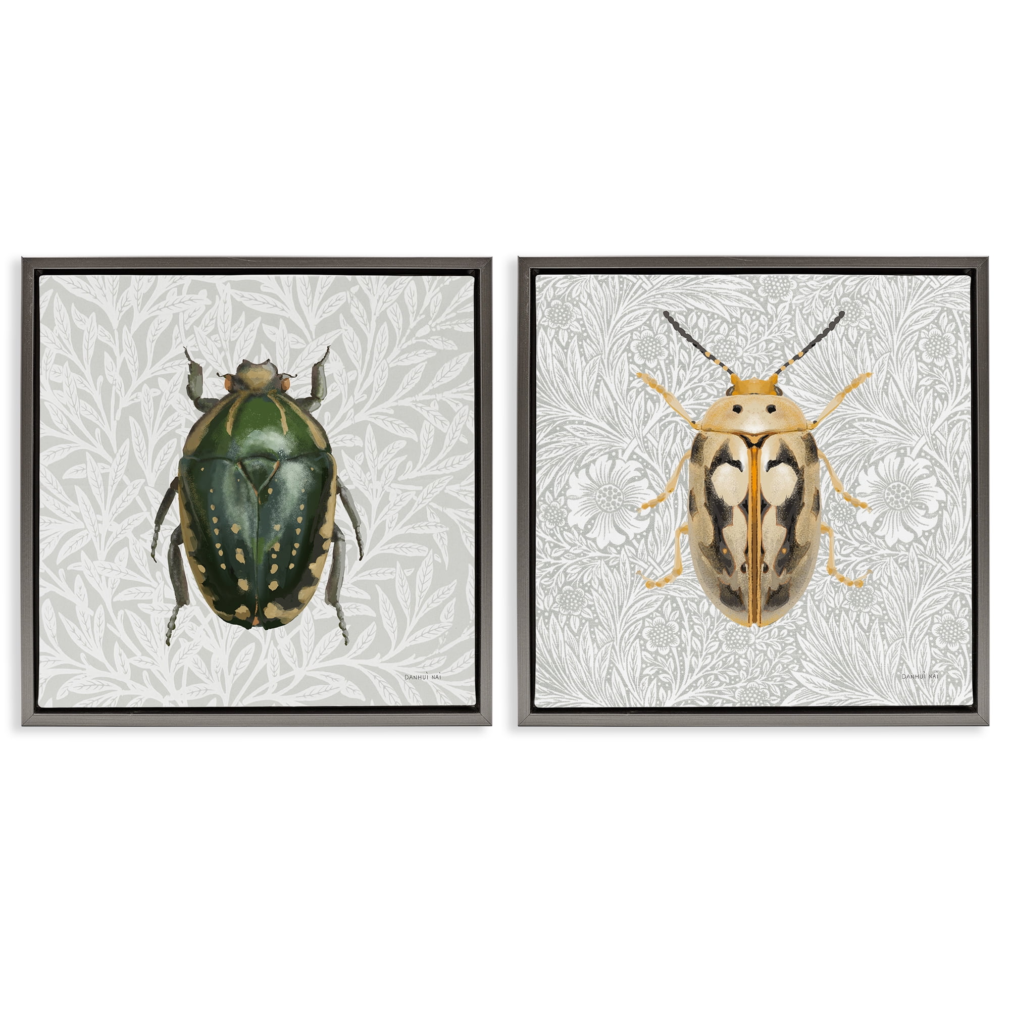 Stupell Industries Beetle Insect Portrait Animals Painting Gray Floater Framed Canvas Art Print Wall Art, 18 x 18, Set of 2
