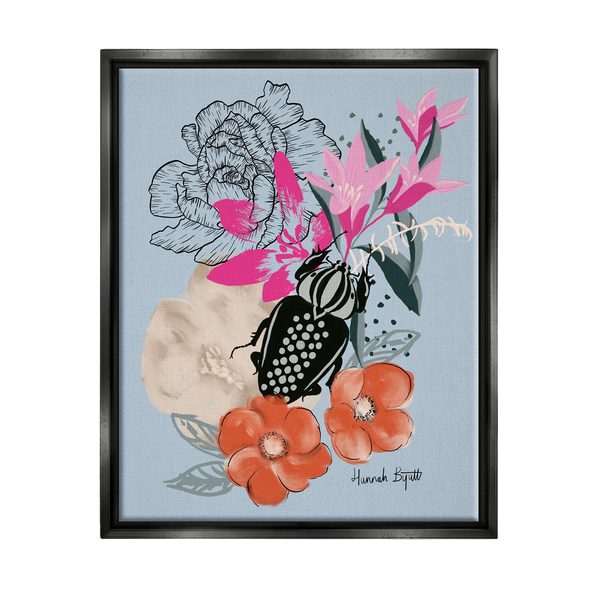 Stupell Industries Beetle & Mixed Flowers Animals & Insects Painting Black Floater Framed Art Print Wall Art, 17 x 21