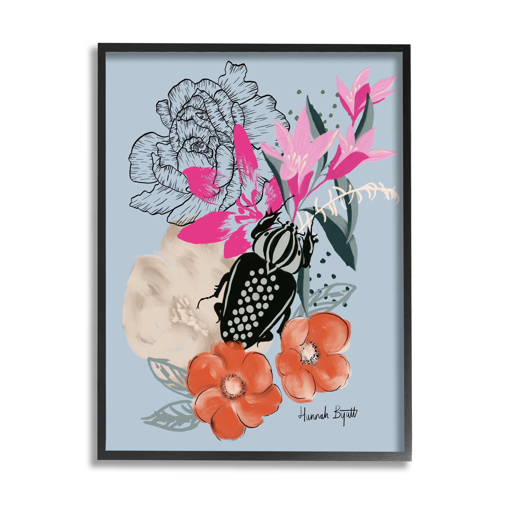 Stupell Industries Beetle & Mixed Flowers Animals & Insects Painting Black Framed Art Print Wall Art, 16 x 20