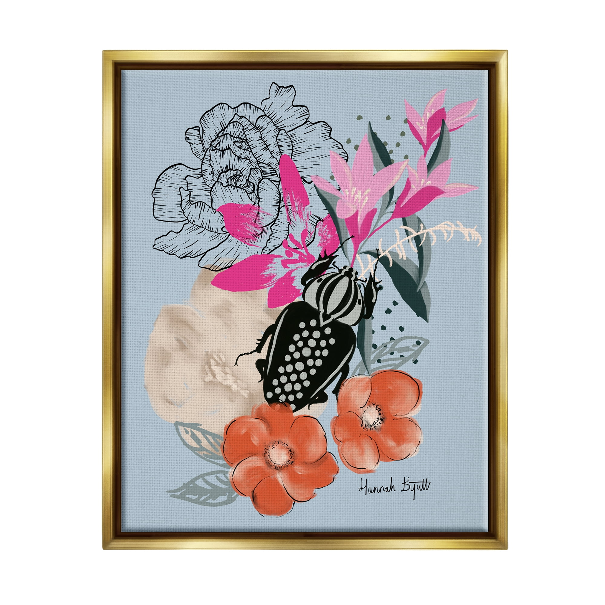 Stupell Industries Beetle & Mixed Flowers Animals & Insects Painting Gold Floater Framed Art Print Wall Art, 17 x 21