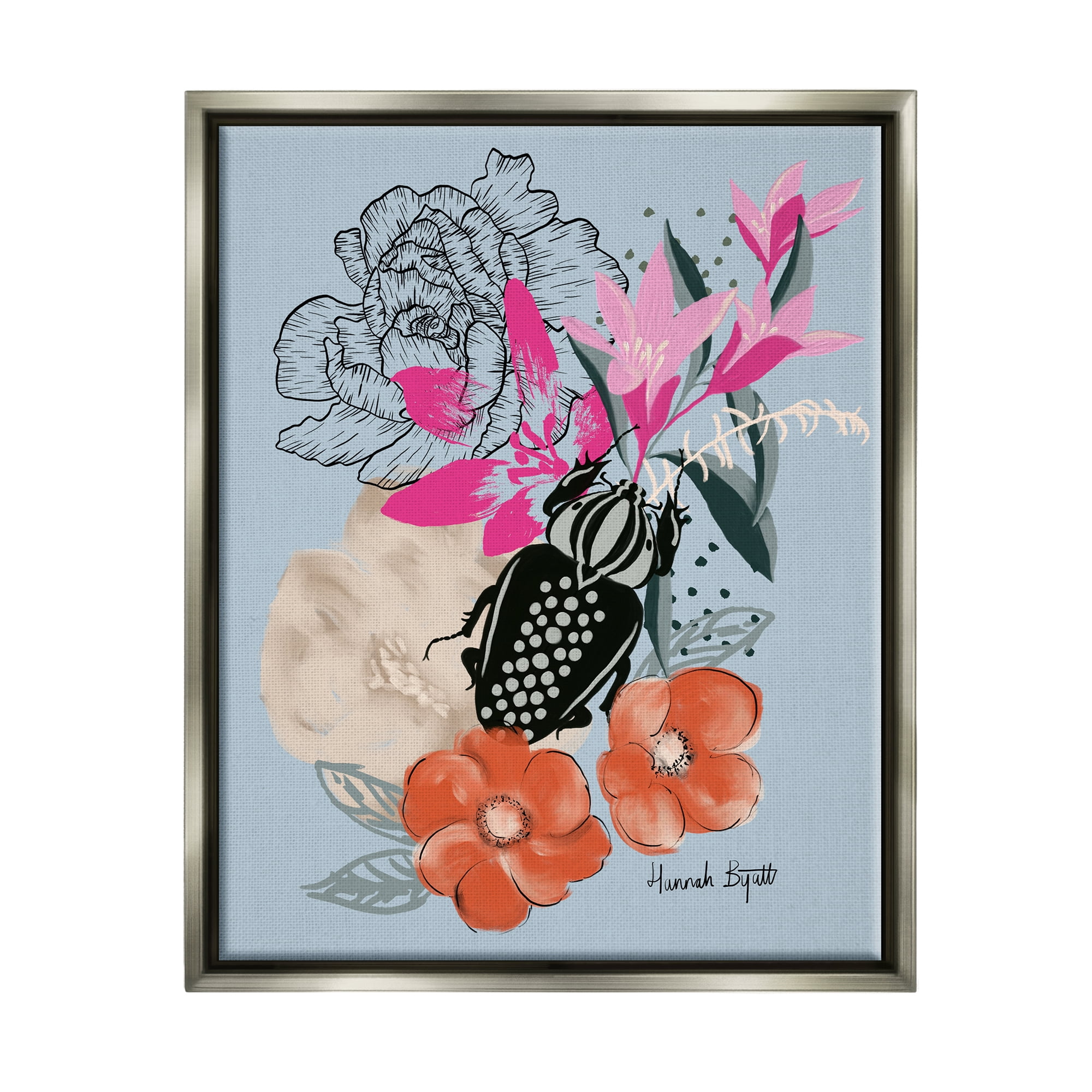 Stupell Industries Beetle & Mixed Flowers Animals & Insects Painting Gray Floater Framed Art Print Wall Art, 25 x 31