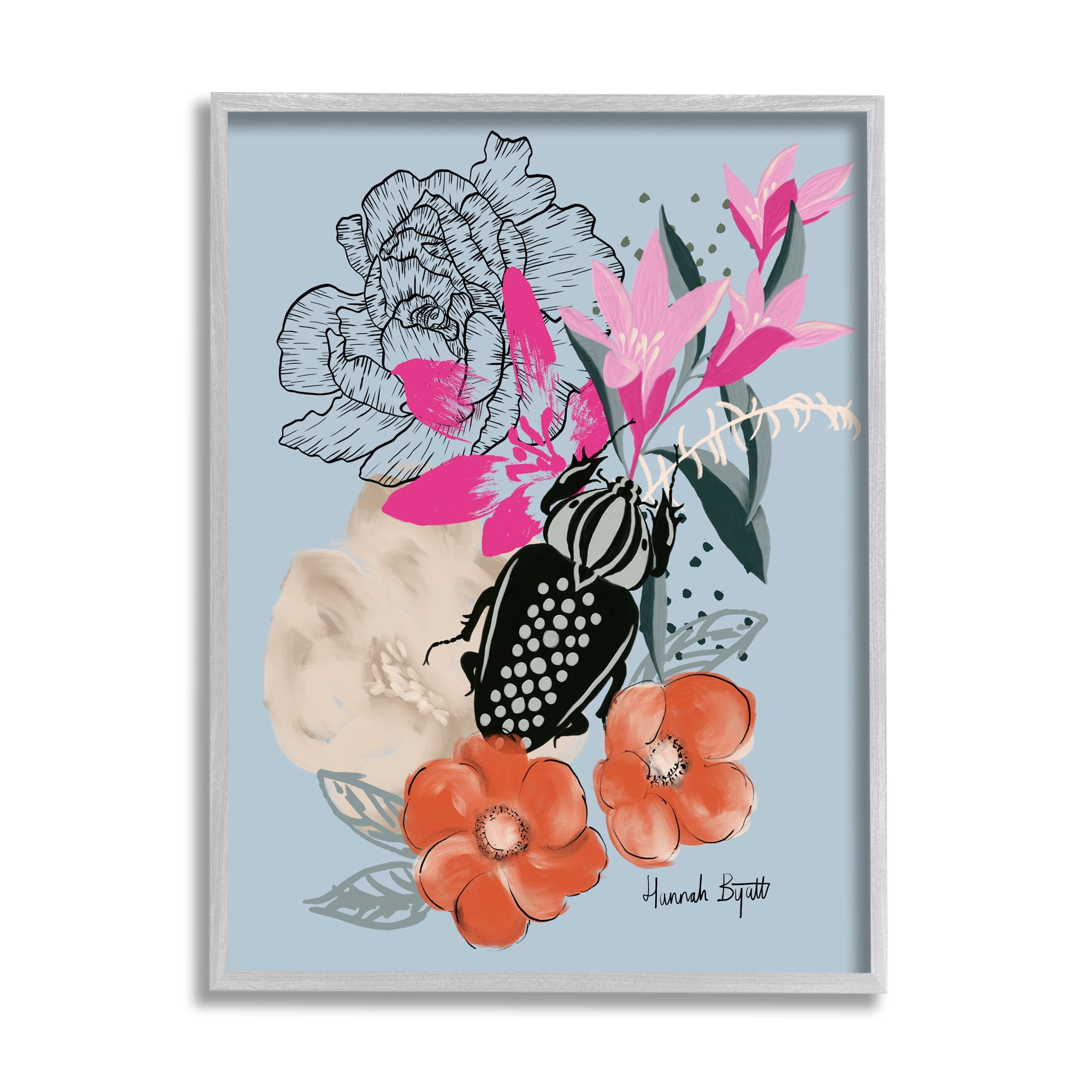 Stupell Industries Beetle & Mixed Flowers Animals & Insects Painting Gray Framed Art Print Wall Art, 24 x 30