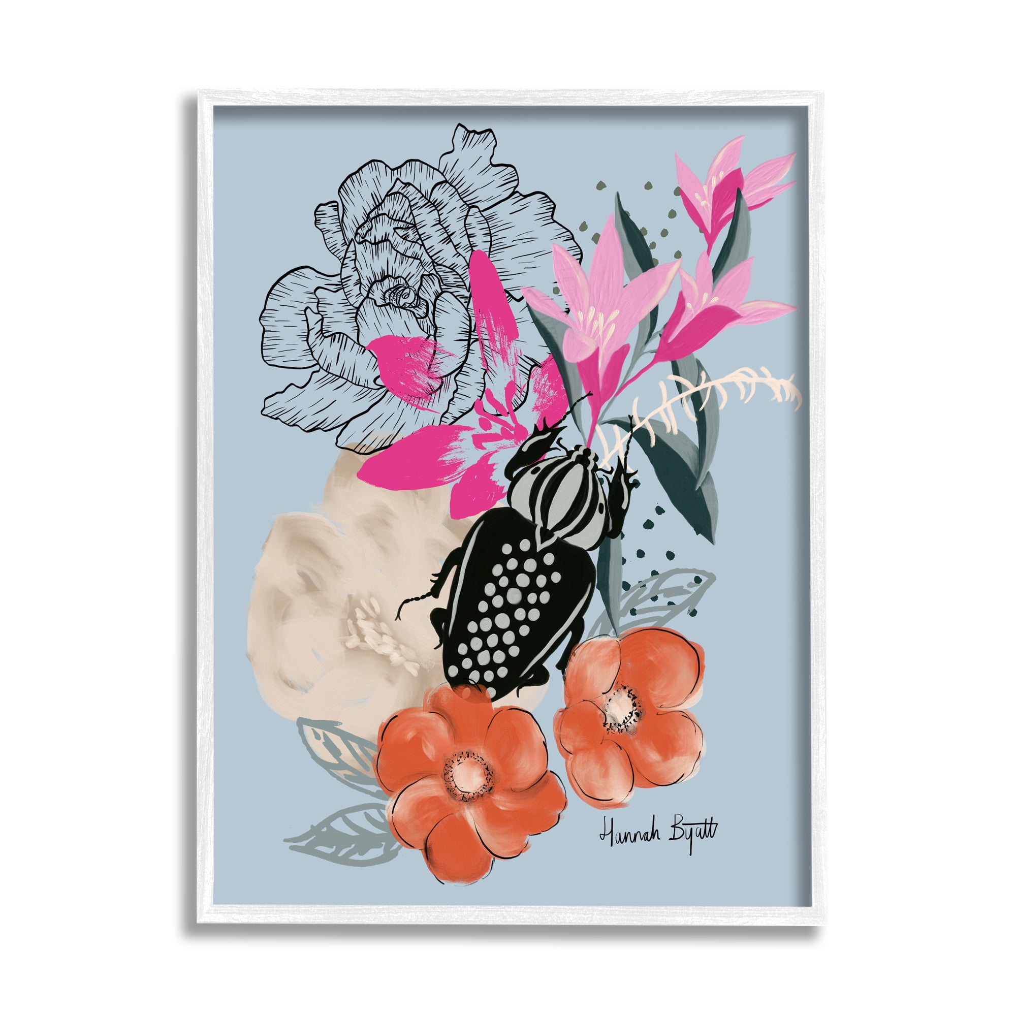 Stupell Industries Beetle & Mixed Flowers Animals & Insects Painting White Framed Art Print Wall Art, 11 x 14