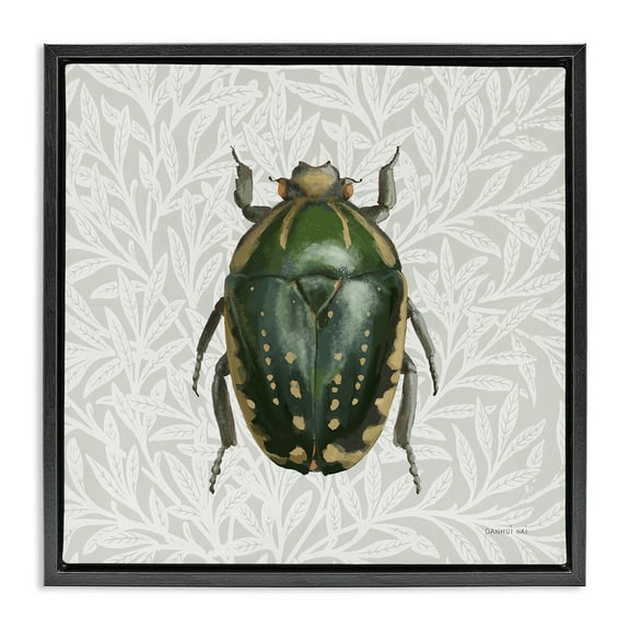 Stupell Industries Beetle with Botanical Pattern Animals & Insects Painting Black Floater Framed Canvas Art Print Wall Art, 18 x 18