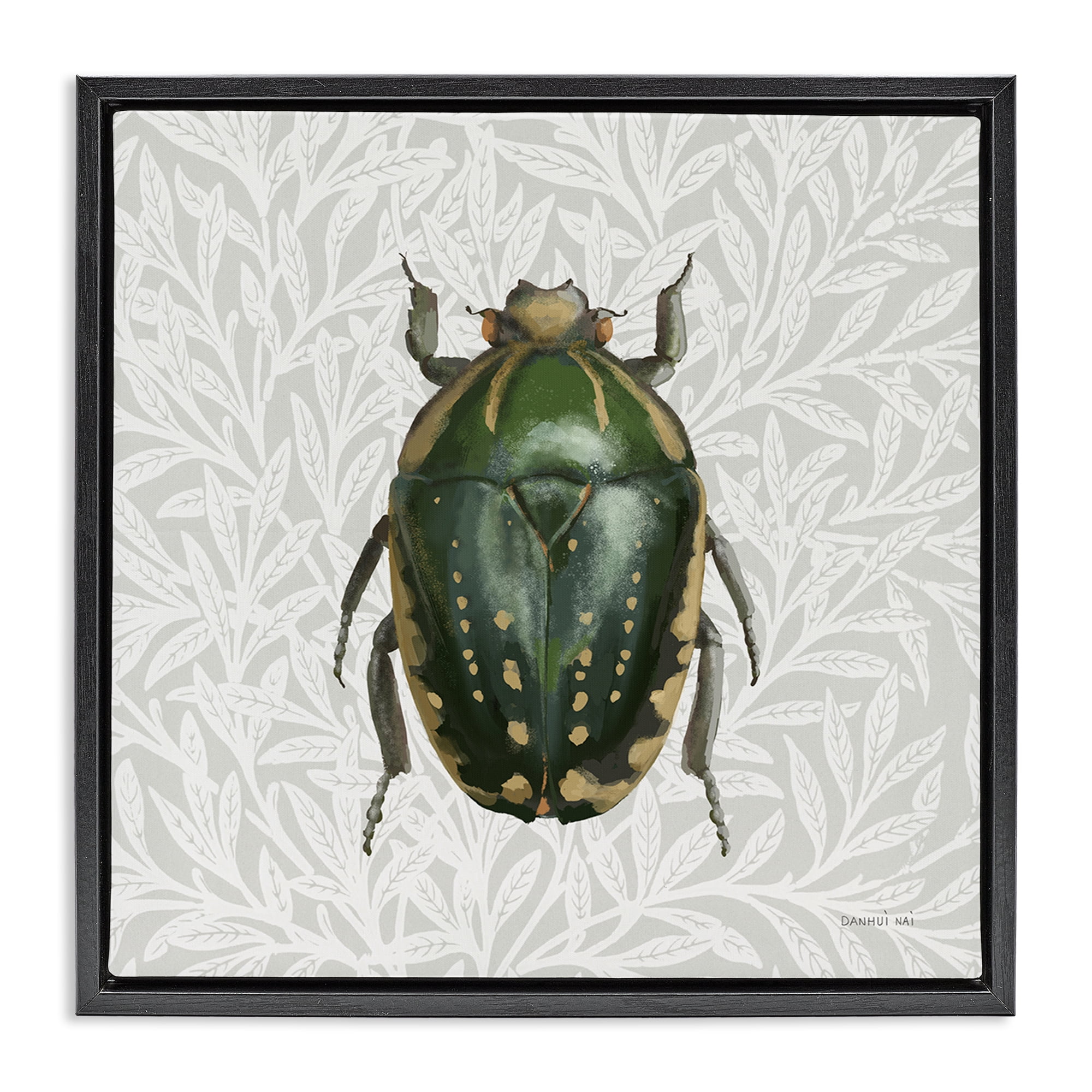 Stupell Industries Beetle with Botanical Pattern Animals & Insects Painting Black Floater Framed Canvas Art Print Wall Art, 25 x 25