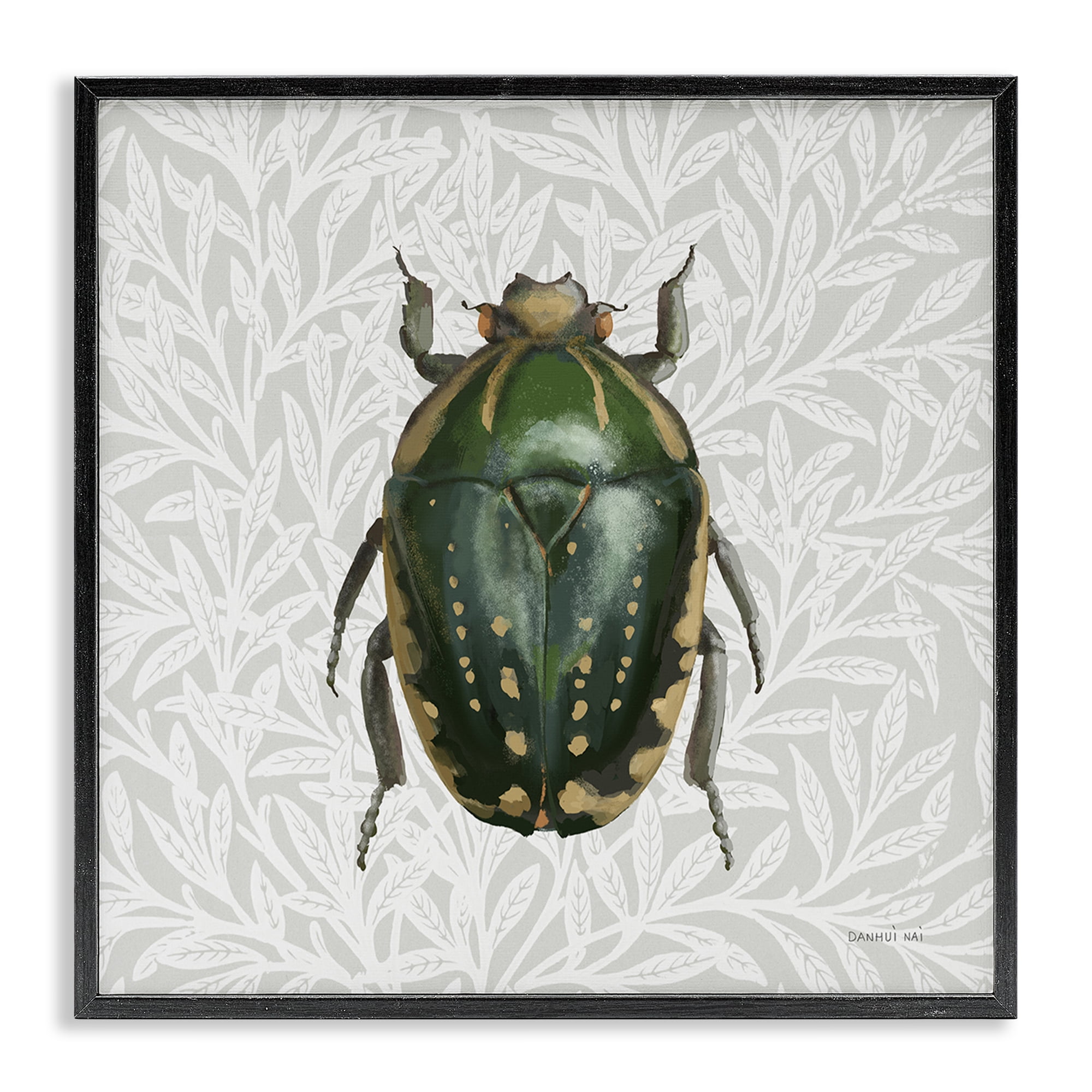 Stupell Industries Beetle with Botanical Pattern Animals & Insects Painting Black Framed Art Print Wall Art, 17 x 17