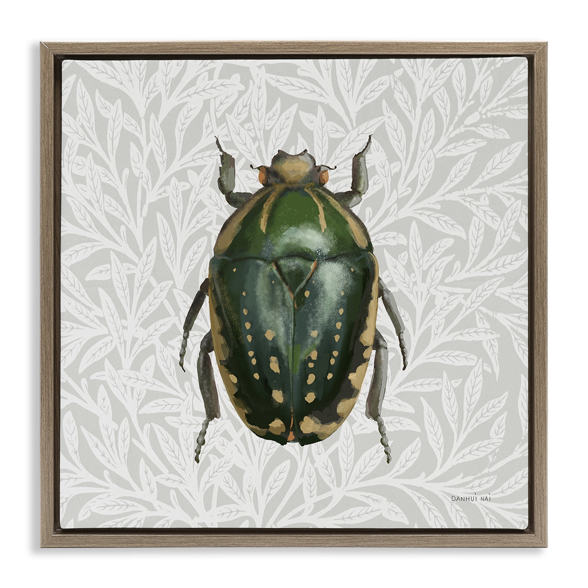 Stupell Industries Beetle with Botanical Pattern Animals & Insects Painting Brown Floater Framed Canvas Art Print Wall Art, 18 x 18