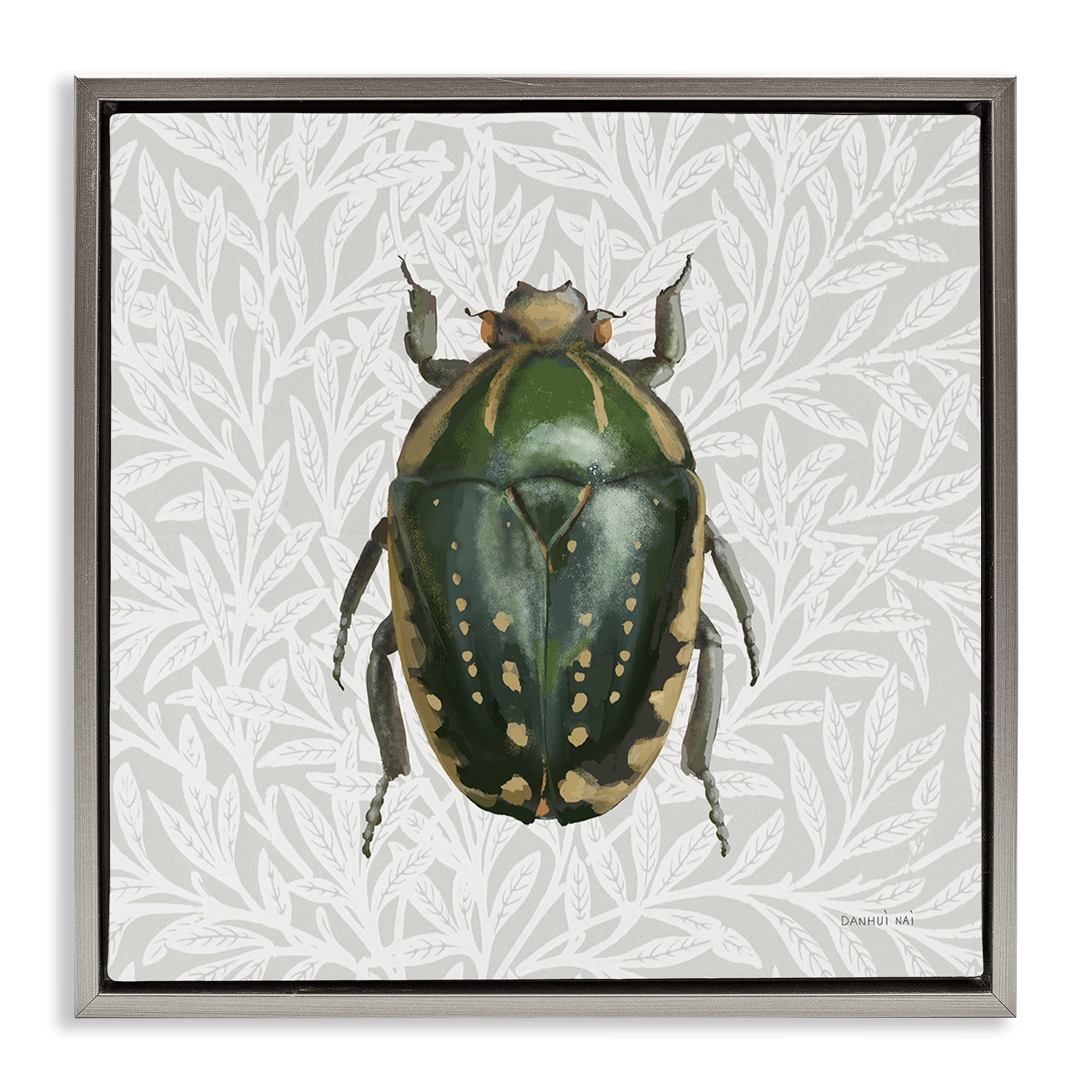 Stupell Industries Beetle with Botanical Pattern Animals & Insects Painting Gray Floater Framed Canvas Art Print Wall Art, 25 x 25