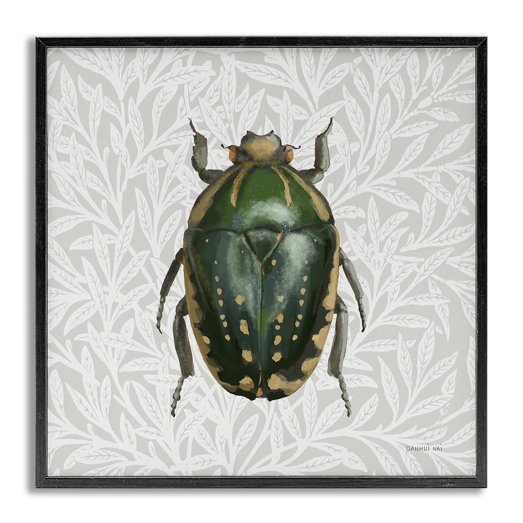 Stupell Industries Beetle with Botanical Pattern Animals & Insects Painting Gray Framed Art Print Wall Art, 12 x 12