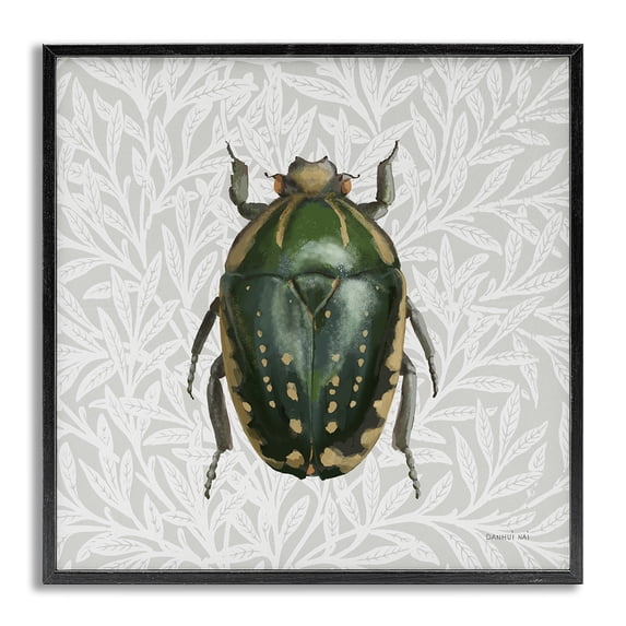 Stupell Industries Beetle with Botanical Pattern Animals & Insects Painting Gray Framed Art Print Wall Art, 12 x 12