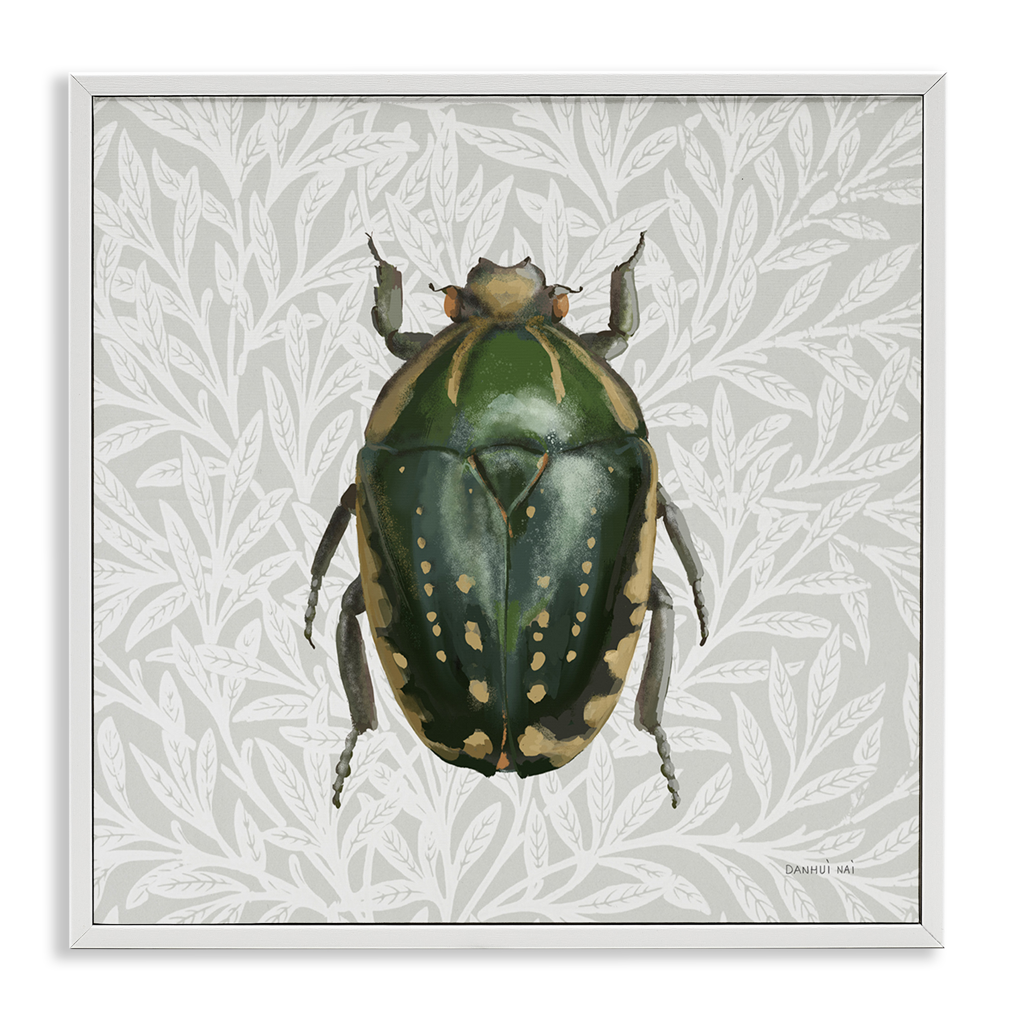Stupell Industries Beetle with Botanical Pattern Animals & Insects Painting White Framed Art Print Wall Art, 12 x 12