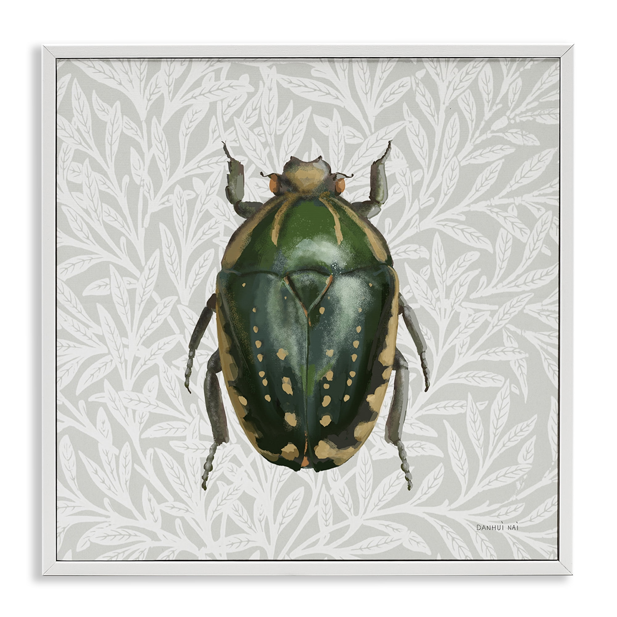Stupell Industries Beetle with Botanical Pattern Animals & Insects Painting White Framed Art Print Wall Art, 17 x 17