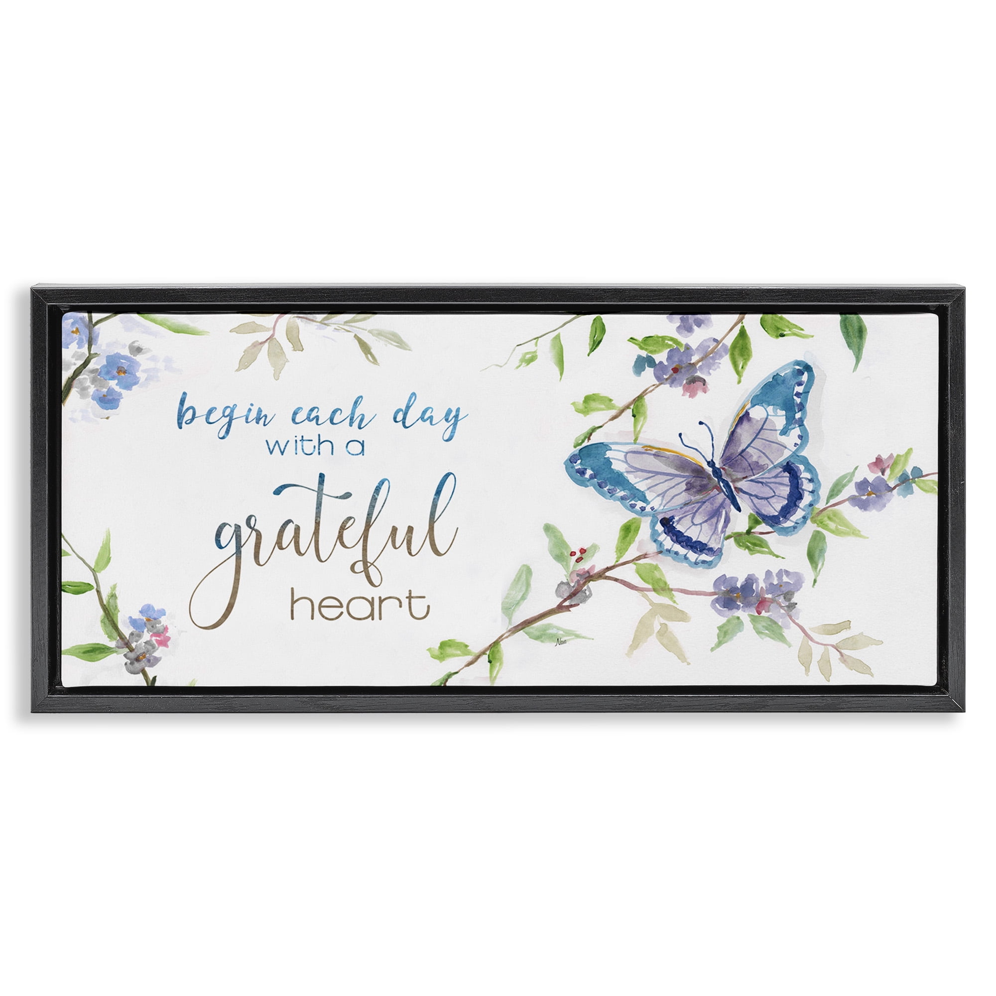 Stupell Industries Begin Day with Grateful Heart Inspirational Painting Black Floater Framed Canvas Art Print Wall Art, 25 x 11