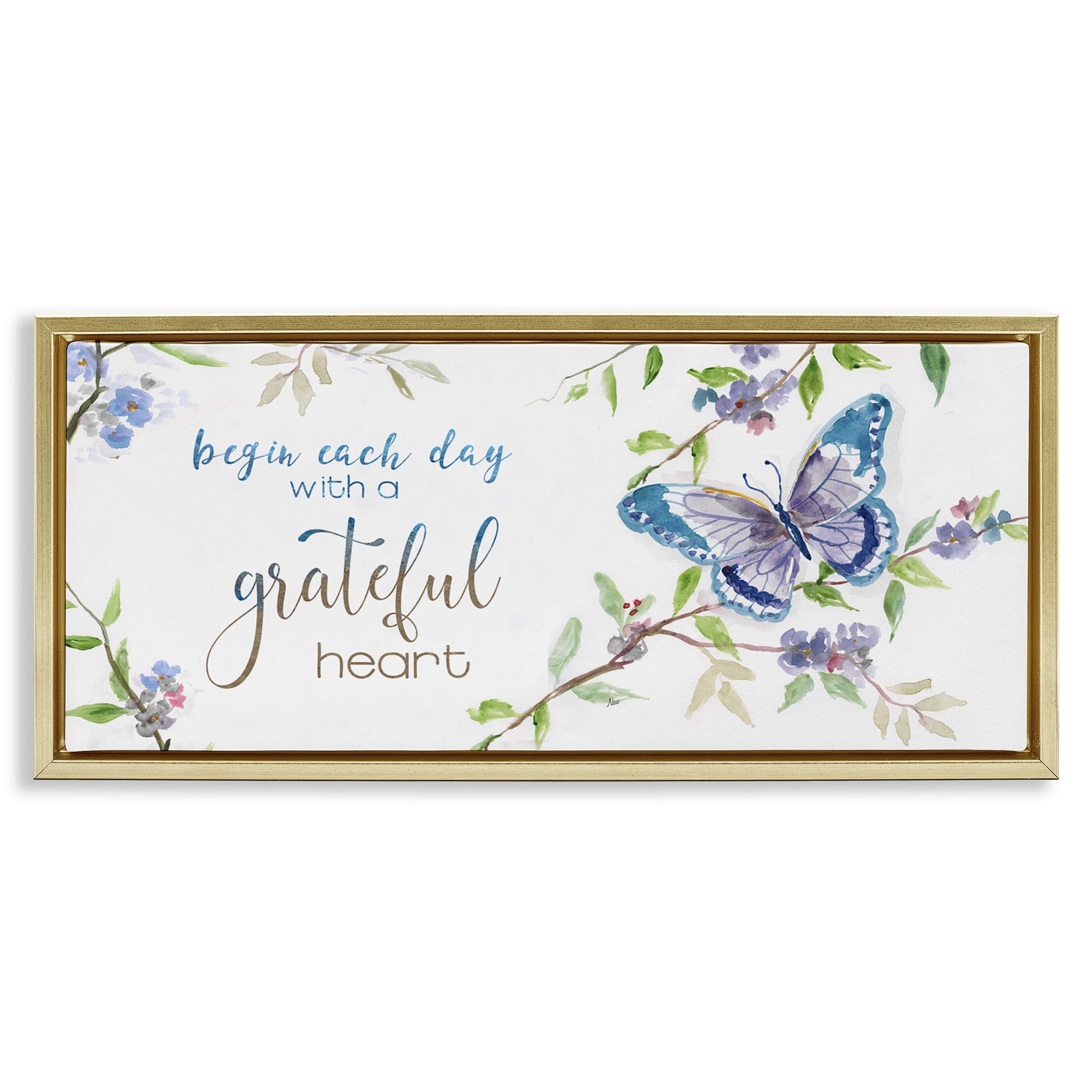 Stupell Industries Begin Day with Grateful Heart Inspirational Painting Gold Floater Framed Canvas Art Print Wall Art, 25 x 11