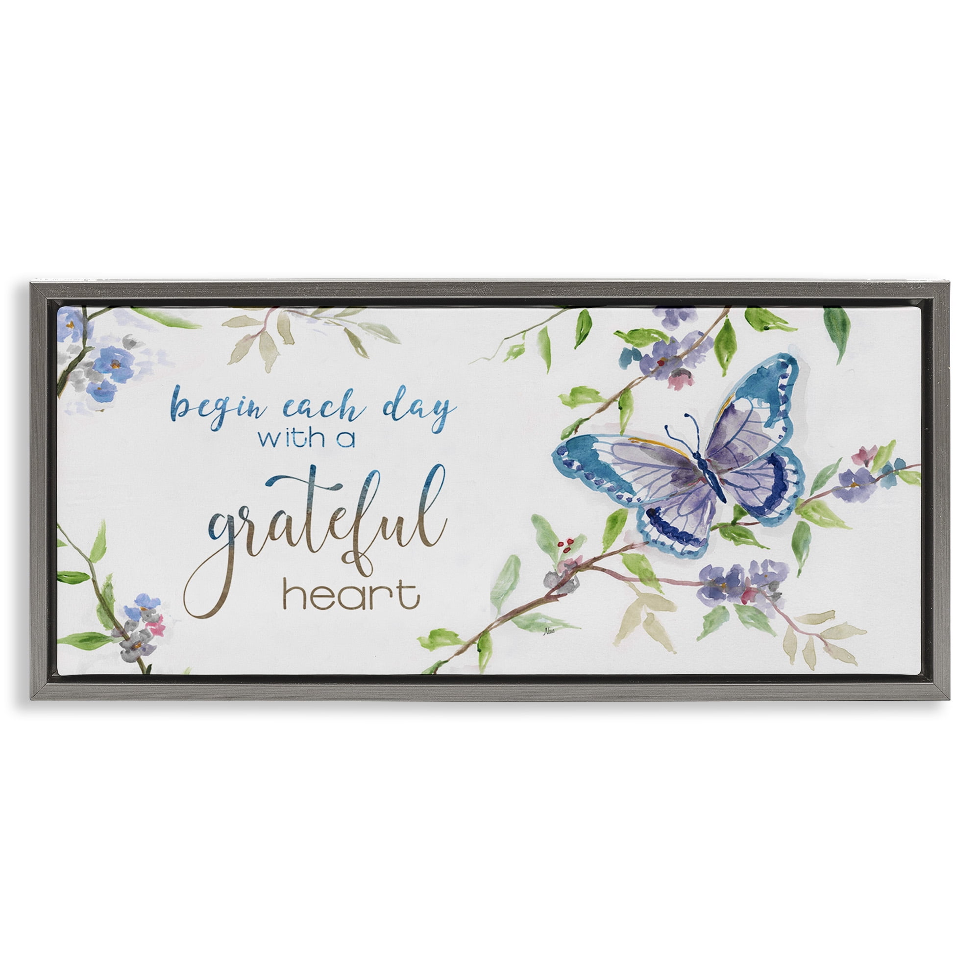 Stupell Industries Begin Day with Grateful Heart Inspirational Painting Gray Floater Framed Canvas Art Print Wall Art, 25 x 11