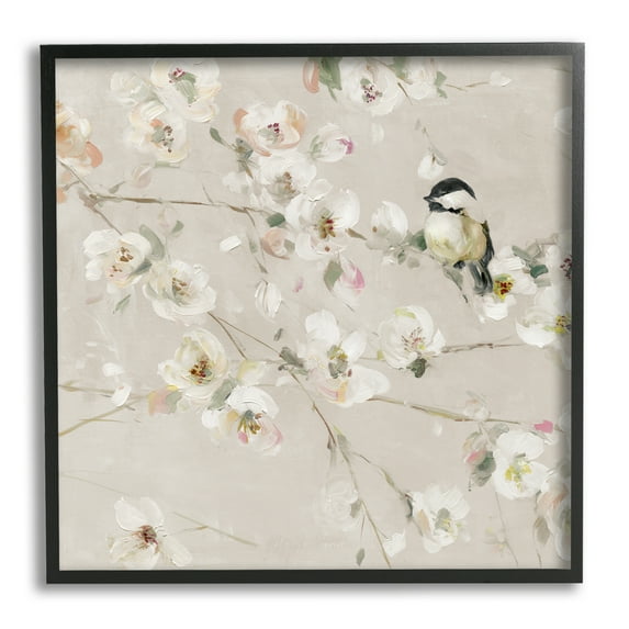 Stupell Industries Beige Bird & Flowers Animals & Insects Painting Black Framed Art Print Wall Art, 12 x 12