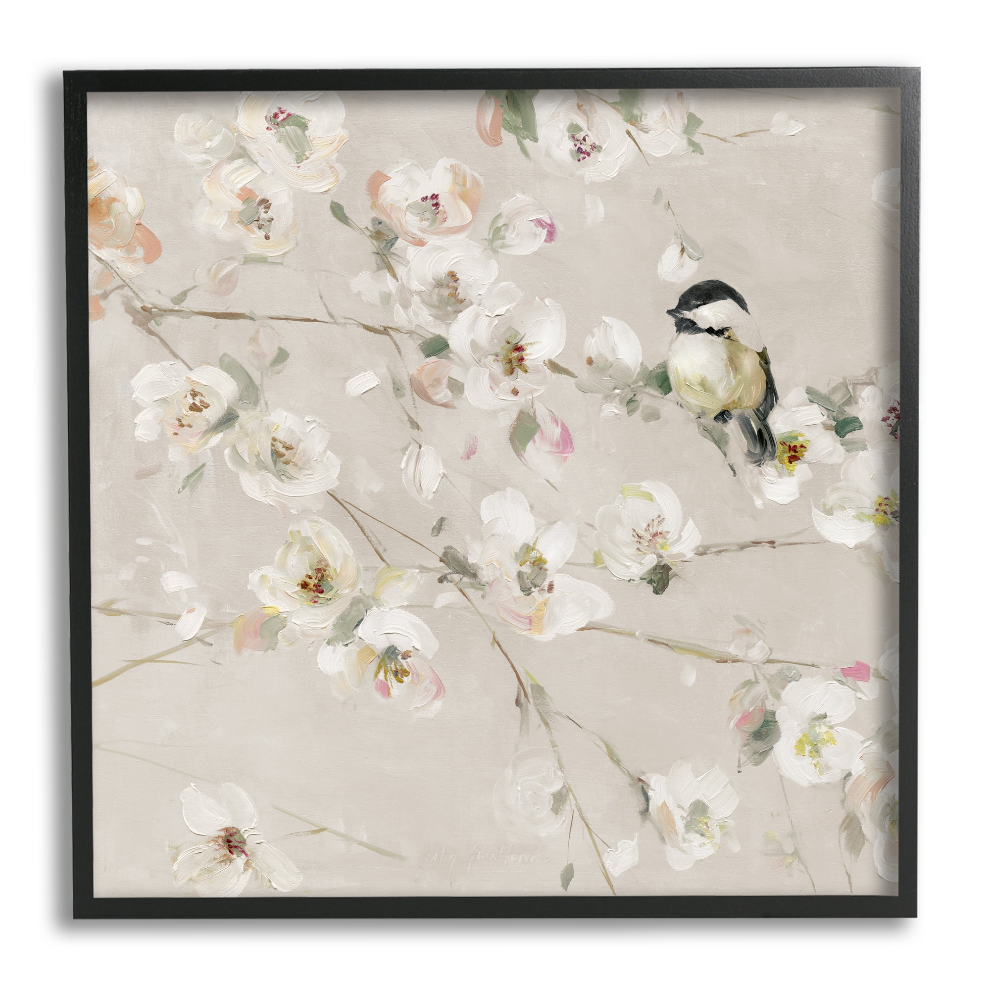 Stupell Industries Beige Bird & Flowers Animals & Insects Painting Black Framed Art Print Wall Art, 24 x 24