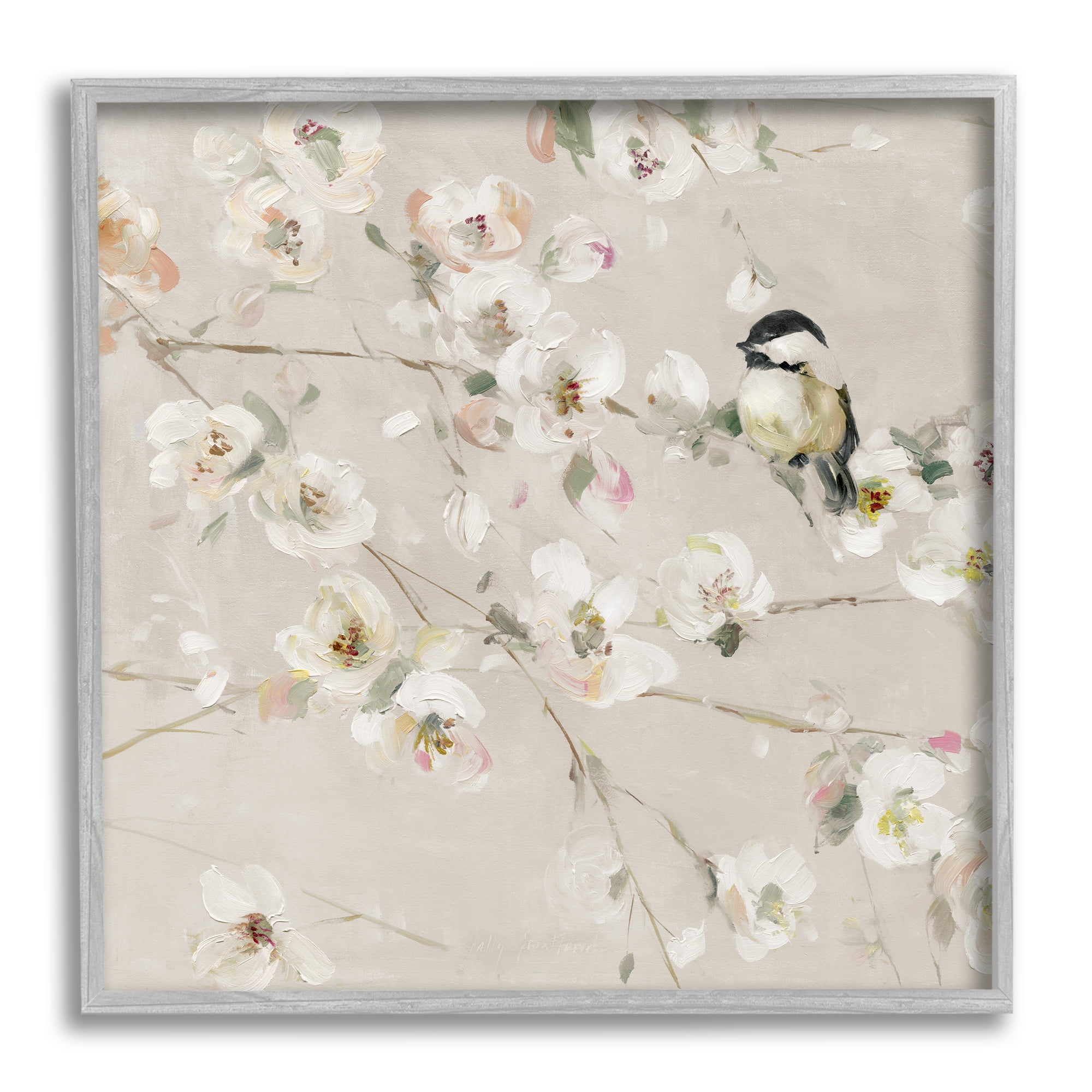 Stupell Industries Beige Bird & Flowers Animals & Insects Painting Gray Framed Art Print Wall Art, 12 x 12