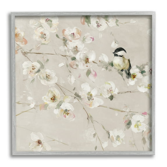 Stupell Industries Beige Bird & Flowers Animals & Insects Painting Gray Framed Art Print Wall Art, 24 x 24