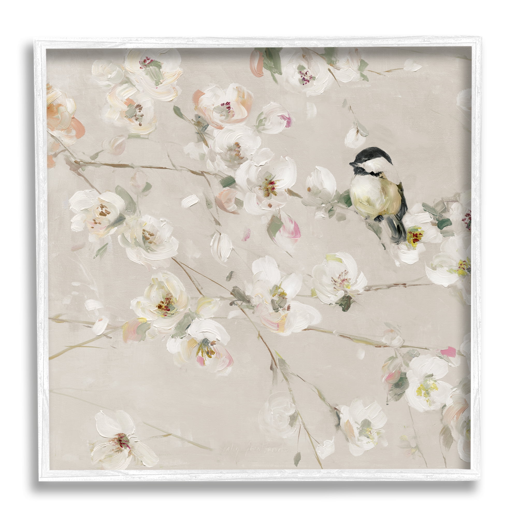 Stupell Industries Beige Bird & Flowers Animals & Insects Painting White Framed Art Print Wall Art, 17 x 17