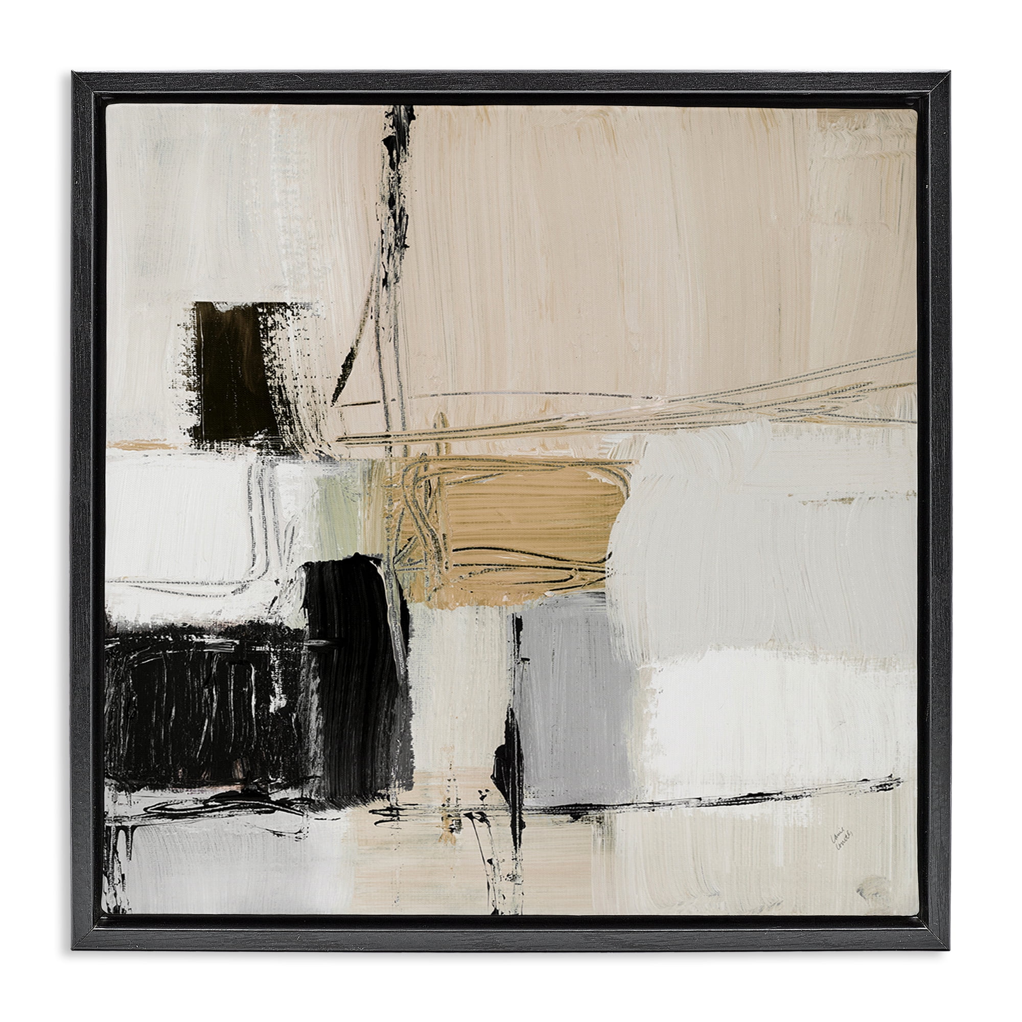 Stupell Industries Beige Black Organic Collage Abstract Painting Black Floater Framed Canvas Art Print Wall Art, 25 x 25