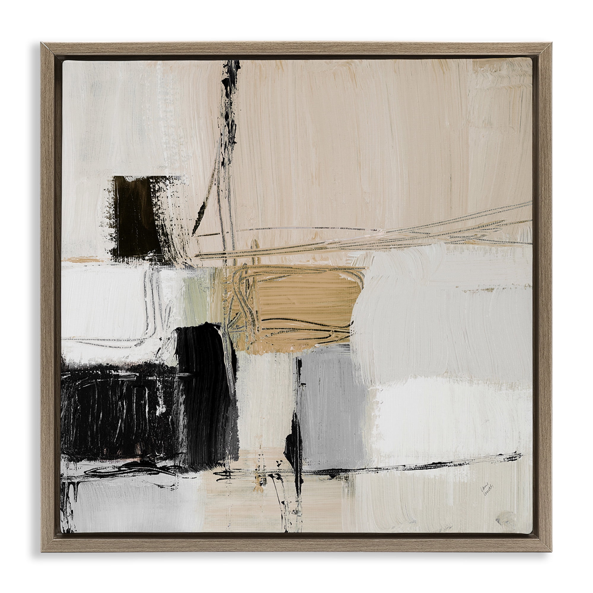 Stupell Industries Beige Black Organic Collage Abstract Painting Brown Floater Framed Canvas Art Print Wall Art, 25 x 25