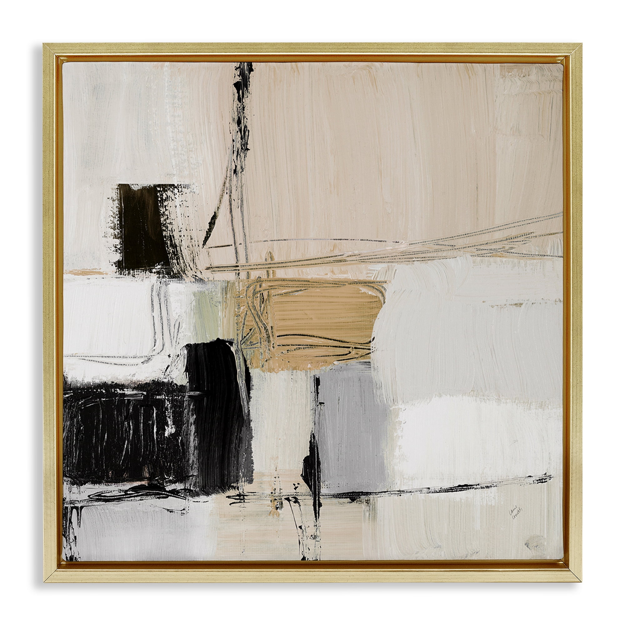 Stupell Industries Beige Black Organic Collage Abstract Painting Gold Floater Framed Canvas Art Print Wall Art, 18 x 18
