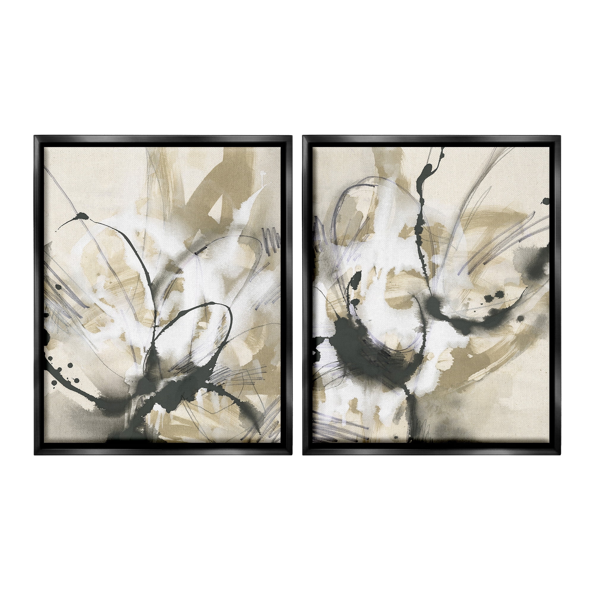 Stupell Industries Beige & Black Splatter Abstract Painting Black Floater Framed Canvas Art Print Wall Art, 25 x 31, Set of 2