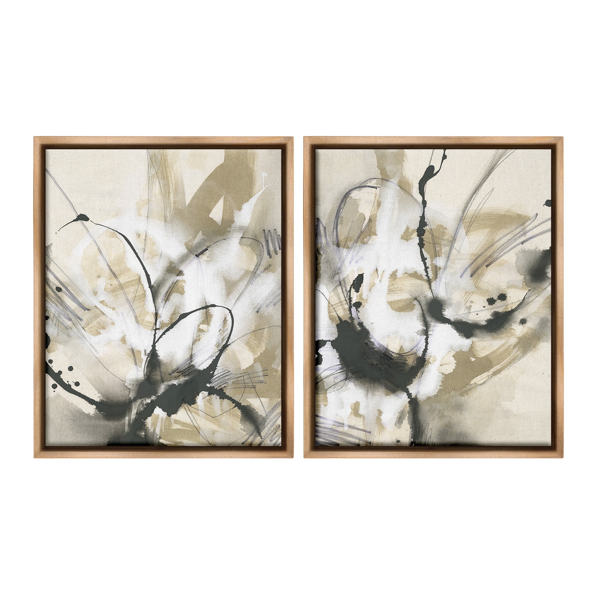 Stupell Industries Beige & Black Splatter Abstract Painting Brown Floater Framed Canvas Art Print Wall Art, 25 x 31, Set of 2