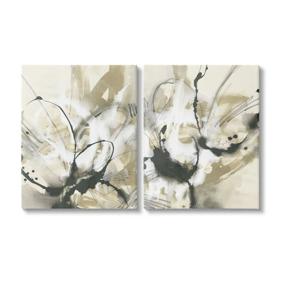Stupell Industries Beige & Black Splatter Abstract Painting Gallery Wrapped Canvas Art Print Wall Art, 16 x 20, Set of 2