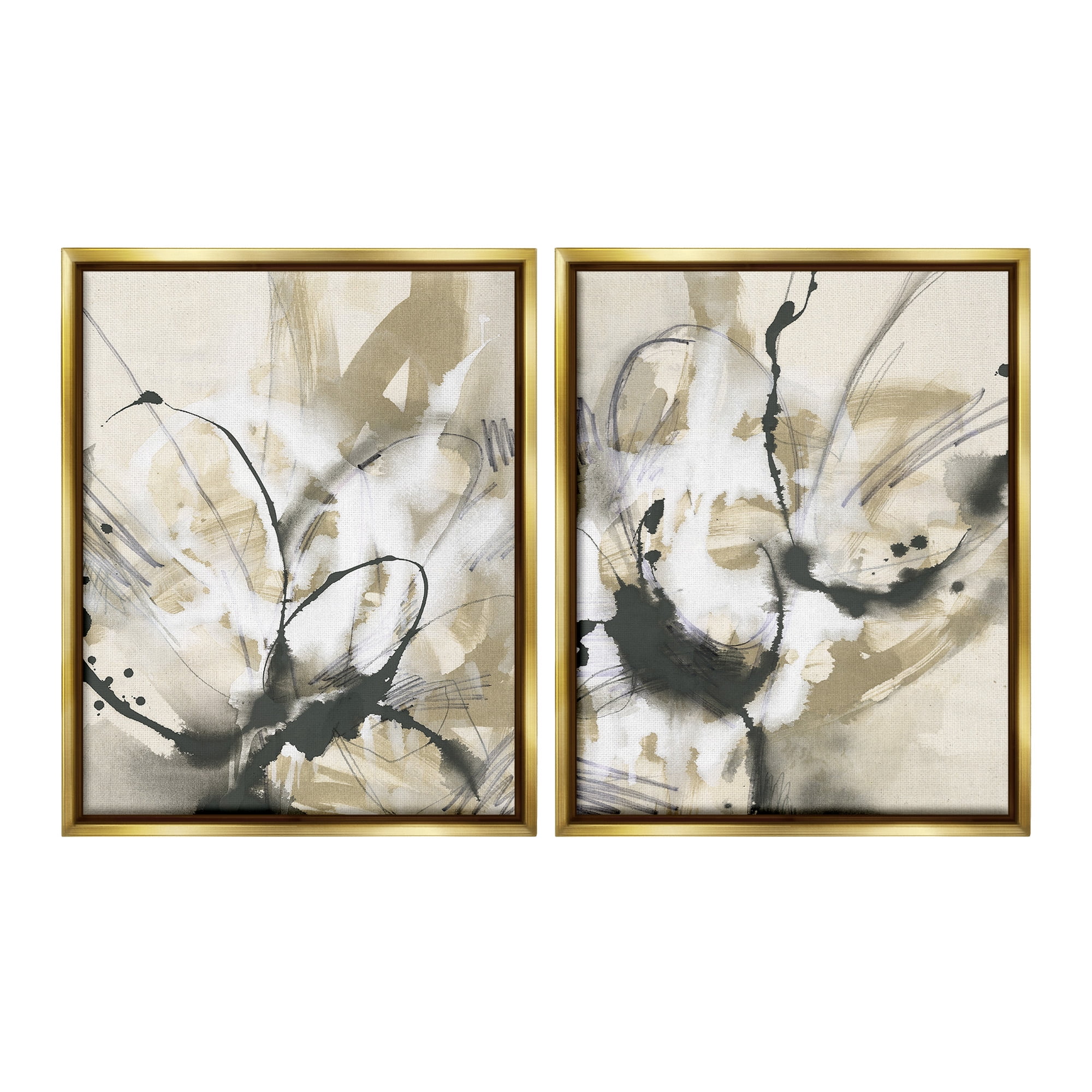 Stupell Industries Beige & Black Splatter Abstract Painting Gold Floater Framed Canvas Art Print Wall Art, 17 x 21, Set of 2