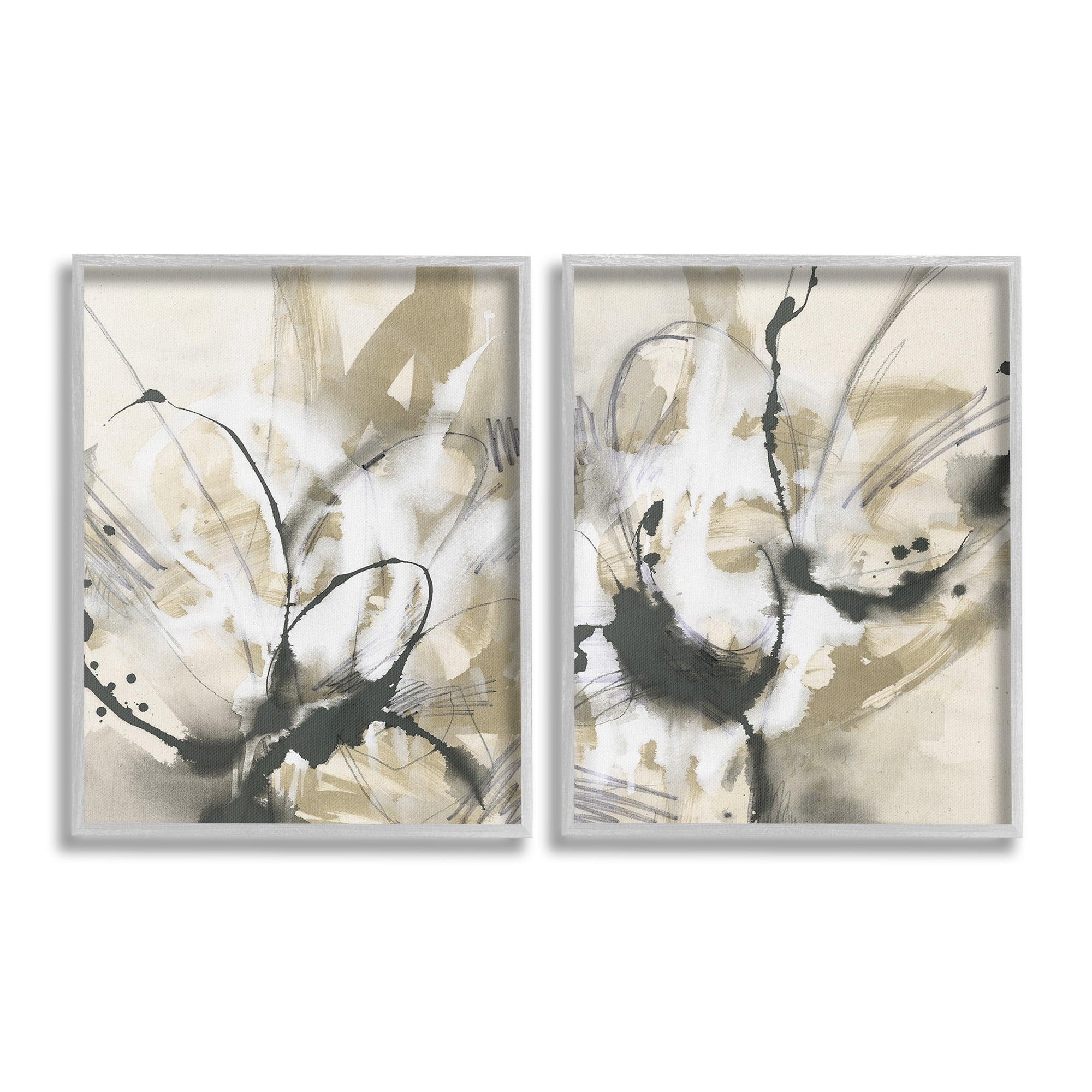Stupell Industries Beige & Black Splatter Abstract Painting Gray Framed Art Print Wall Art, 24 x 30, Set of 2