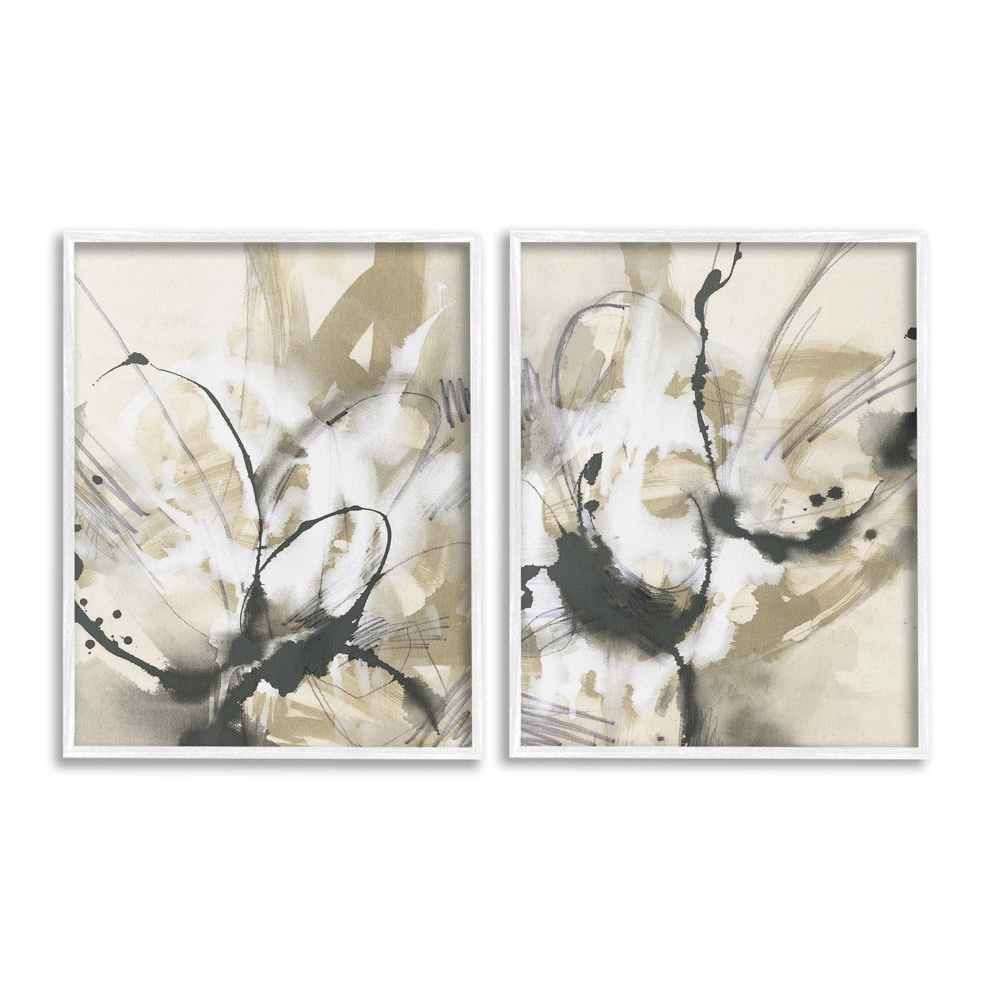 Stupell Industries Beige & Black Splatter Abstract Painting White Framed Art Print Wall Art, 11 x 14, Set of 2