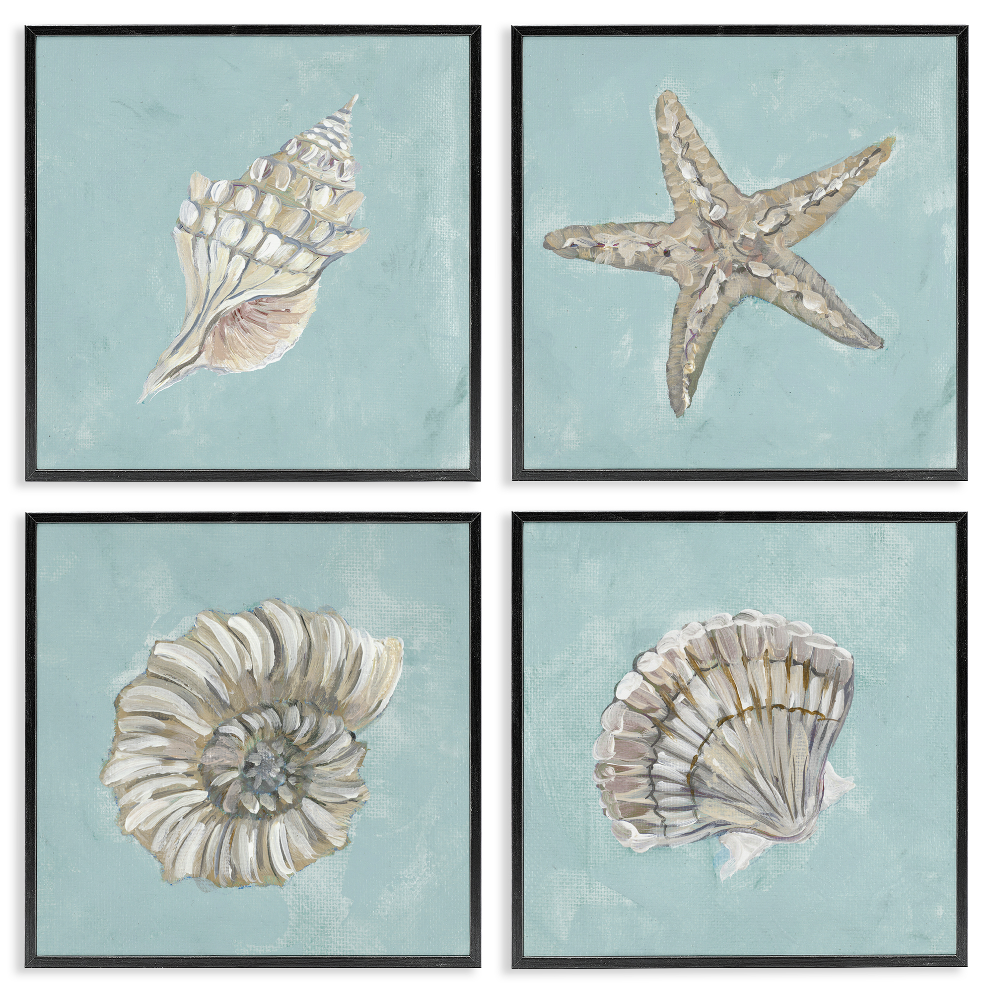 Stupell Industries Beige & Blue Sea Life Nautical & Beach Painting Black Framed Art Print Wall Art, 12 x 12, Set of 4