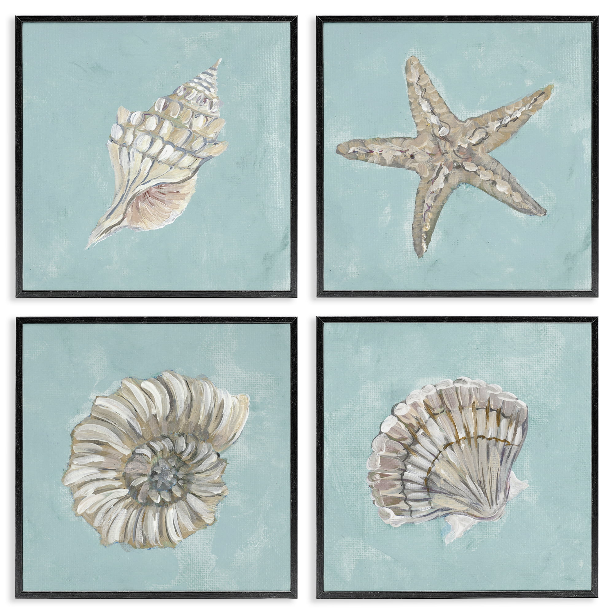 Stupell Industries Beige & Blue Sea Life Nautical & Beach Painting Black Framed Art Print Wall Art, 17 x 17, Set of 4