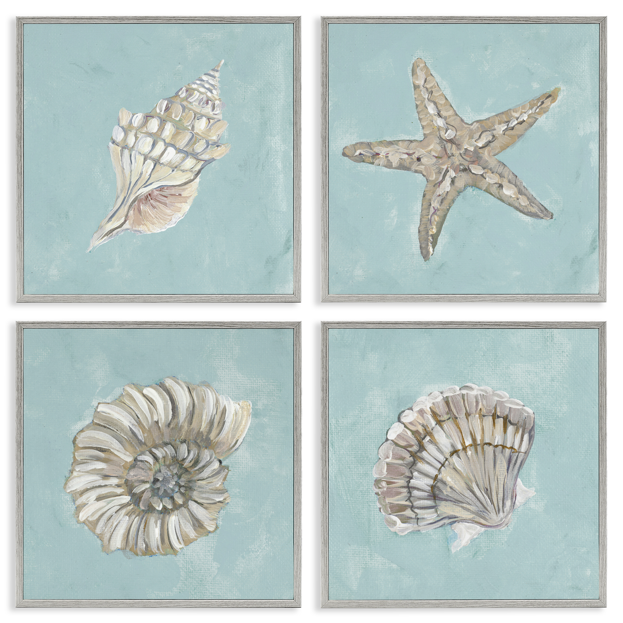 Stupell Industries Beige & Blue Sea Life Nautical & Beach Painting Gray Framed Art Print Wall Art, 17 x 17, Set of 4