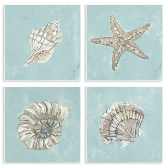 Stupell Industries Beige & Blue Sea Life Nautical & Beach Painting Unframed Art Print Wall Art, 12 x 12, Set of 4