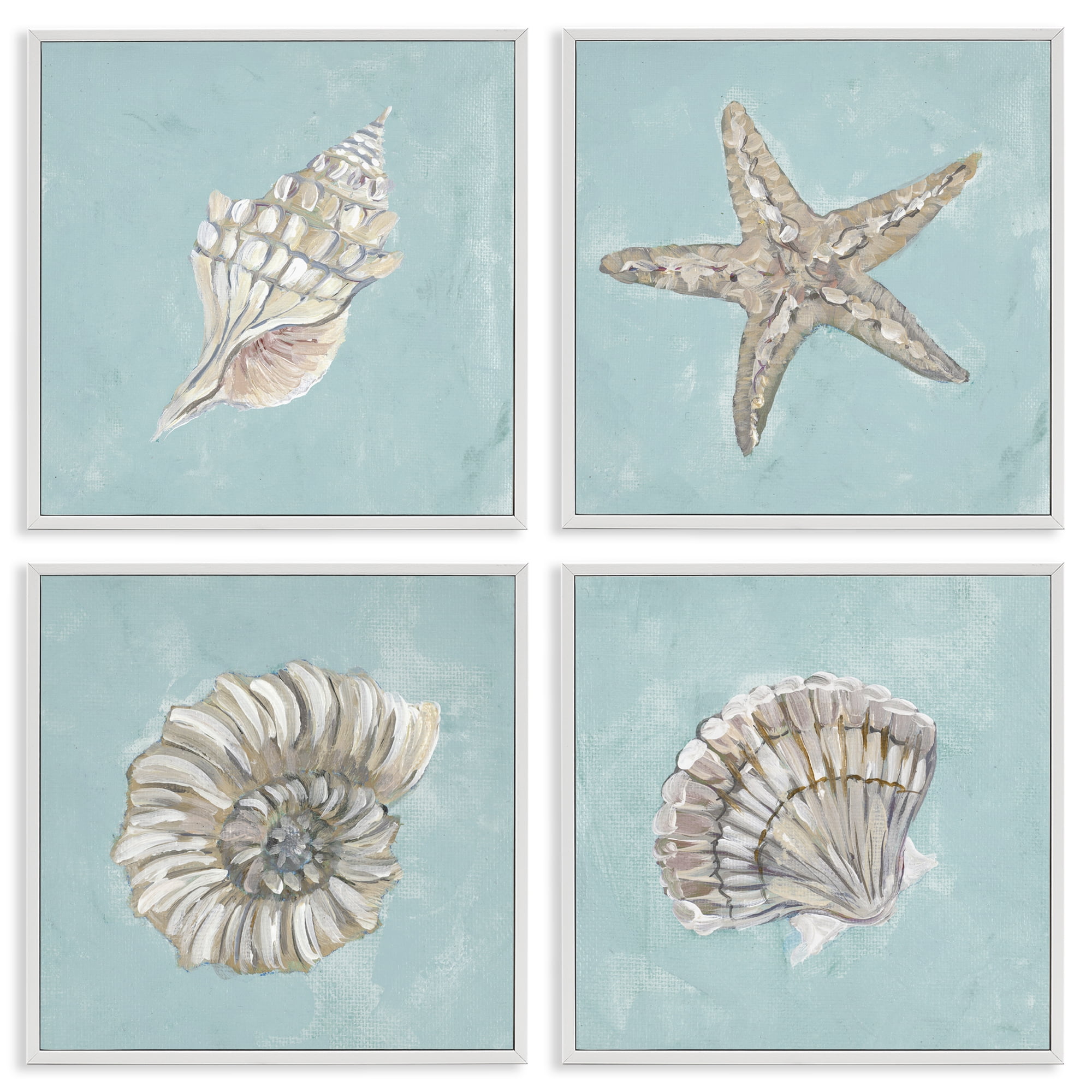 Stupell Industries Beige & Blue Sea Life Nautical & Beach Painting White Framed Art Print Wall Art, 12 x 12, Set of 4