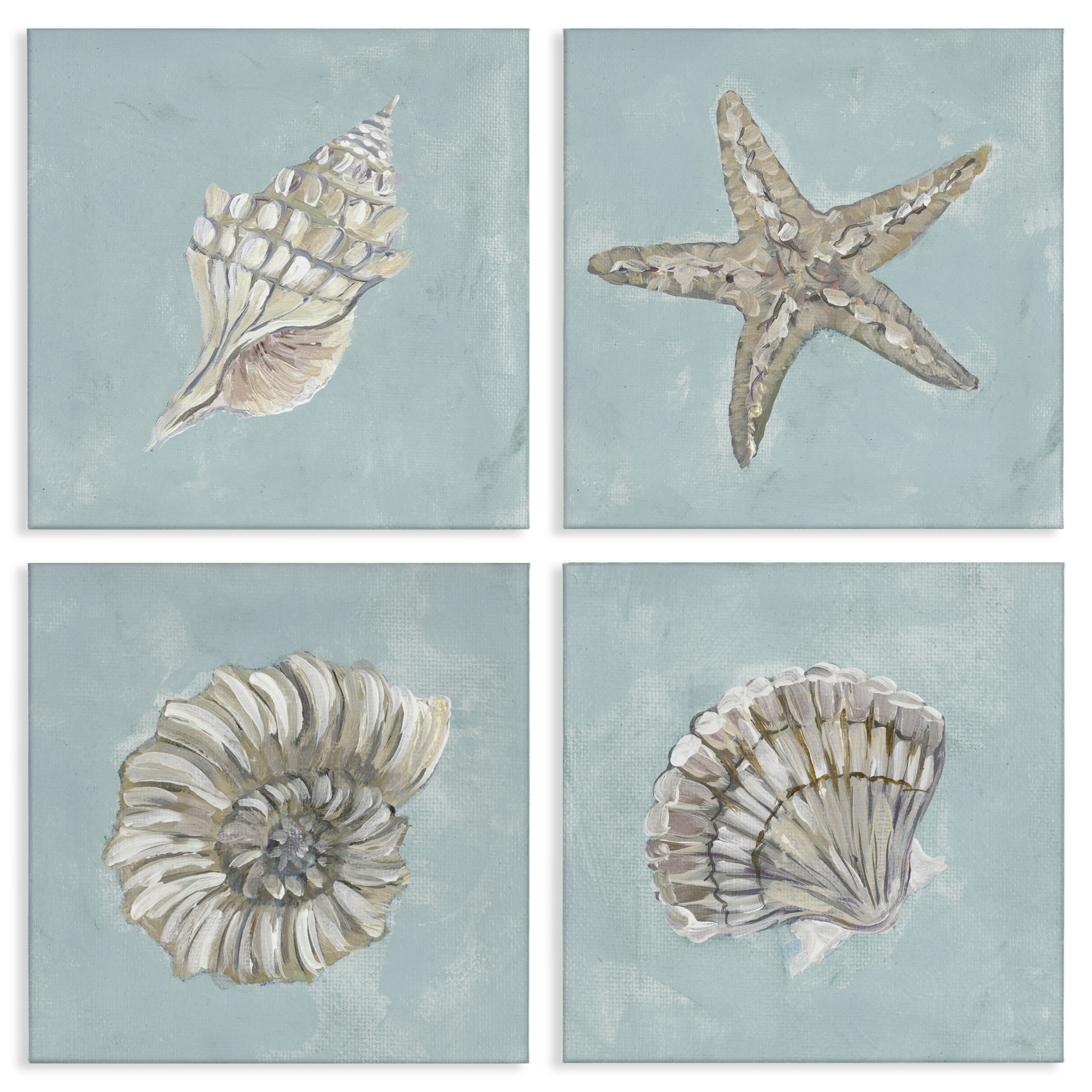 Stupell Industries Beige & Blue Sea Life Nautical & Beach Painting Wrapped Canvas Art Print Wall Art, 17 x 17, Set of 4