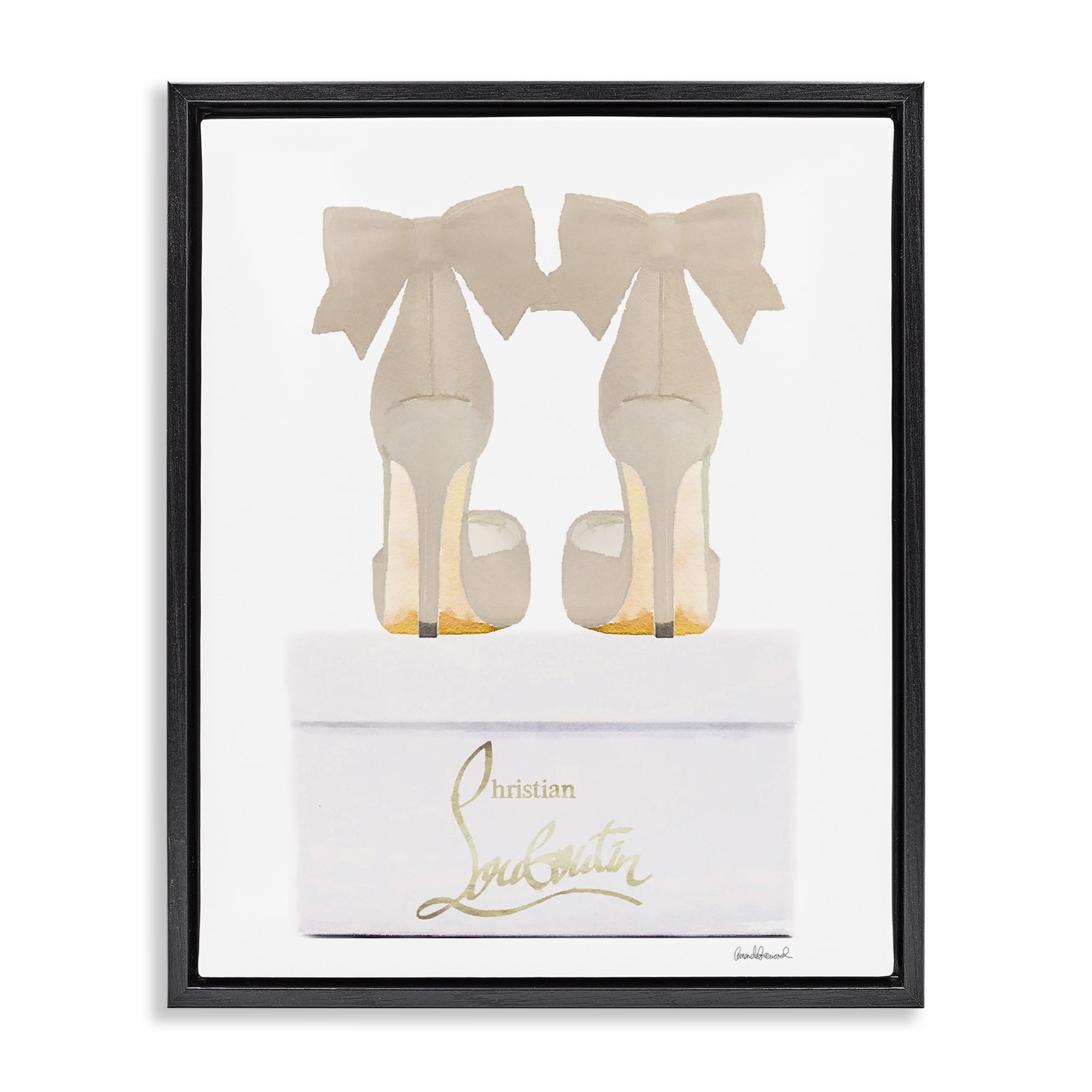 Stupell Industries Beige Bow Heels Fashion Painting Black Floater Framed Canvas Art Print Wall Art, 25 x 31