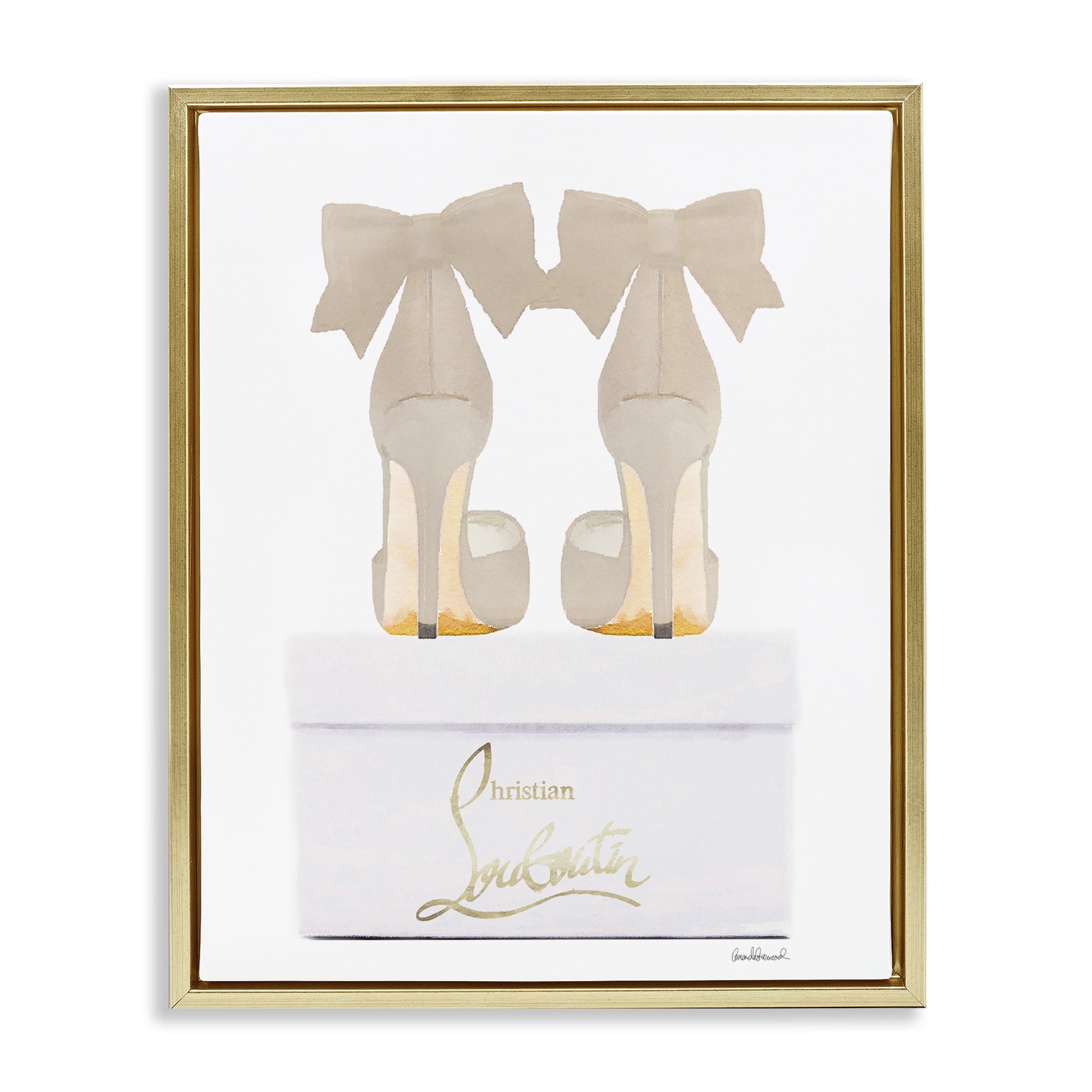 Stupell Industries Beige Bow Heels Fashion Painting Gold Floater Framed Canvas Art Print Wall Art, 17 x 21