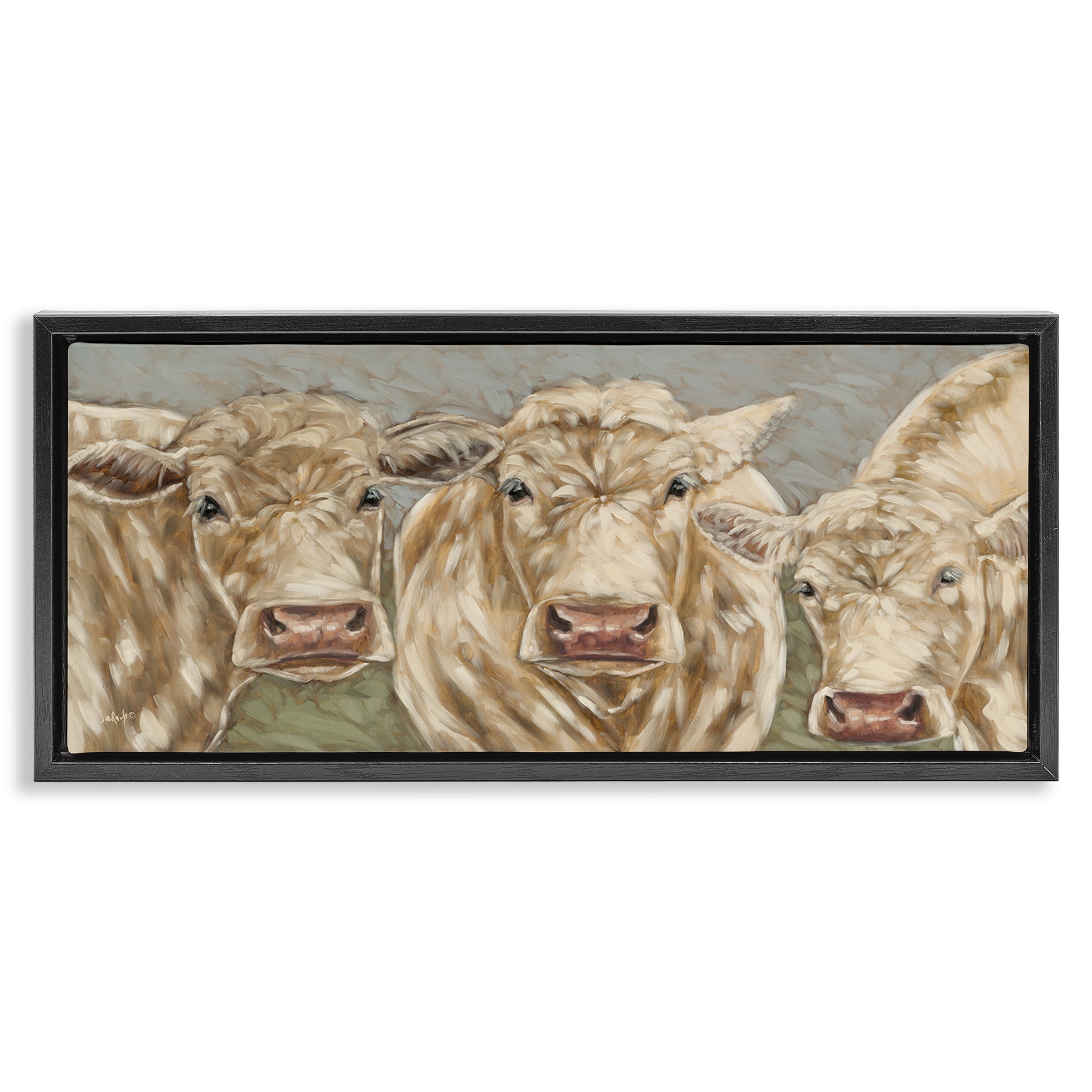Stupell Industries Beige Cow Trio Animals & Insects Painting Black Floater Framed Canvas Art Print Wall Art, 31 x 14