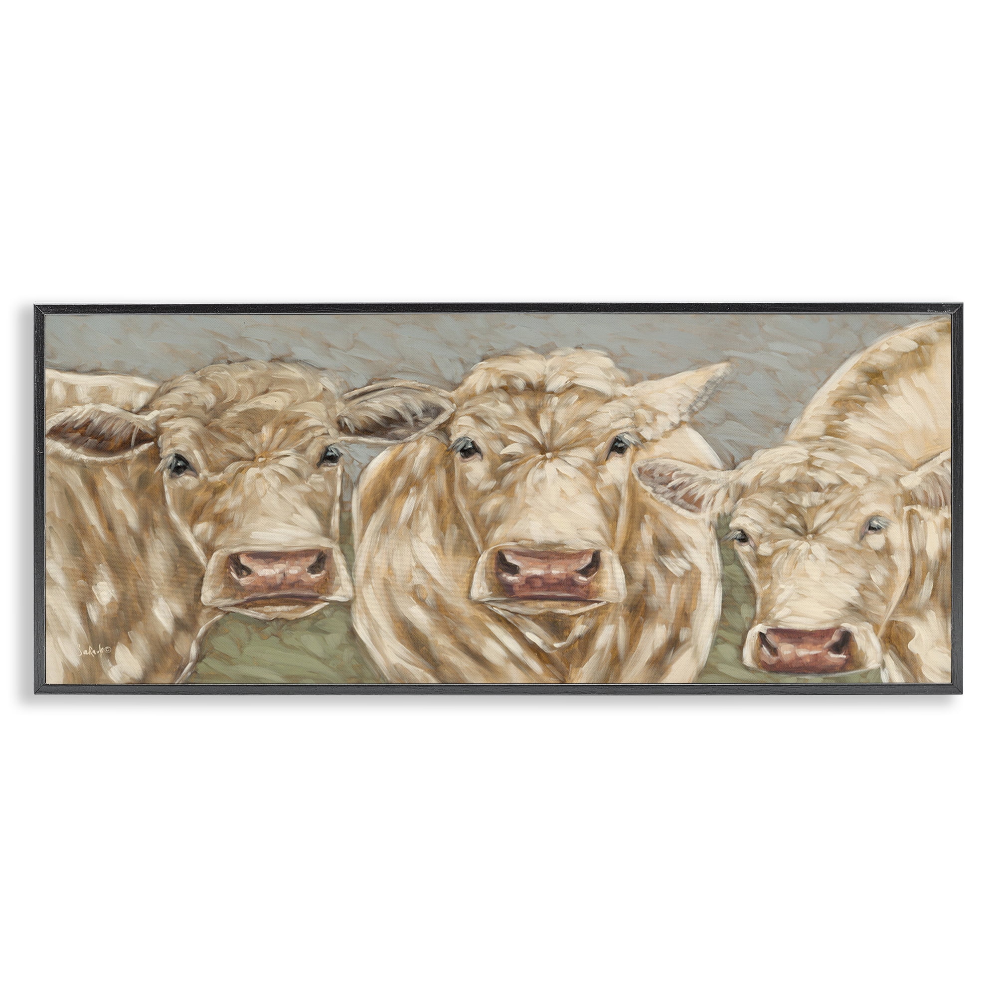 Beige Cow Trio Canvas Print with Black Frame, 24 x 10