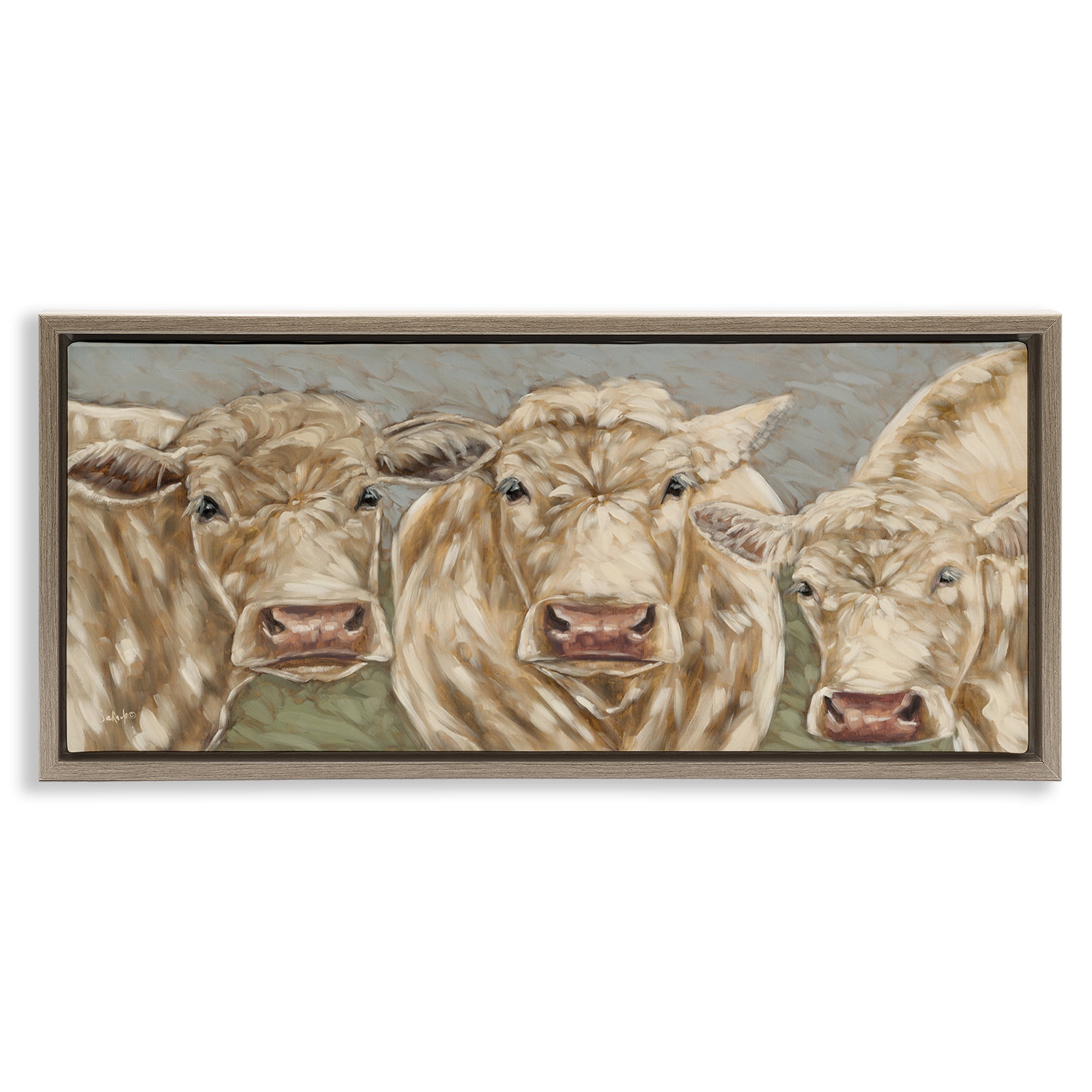 Stupell Industries Beige Cow Trio Animals & Insects Painting Brown Floater Framed Canvas Art Print Wall Art, 31 x 14