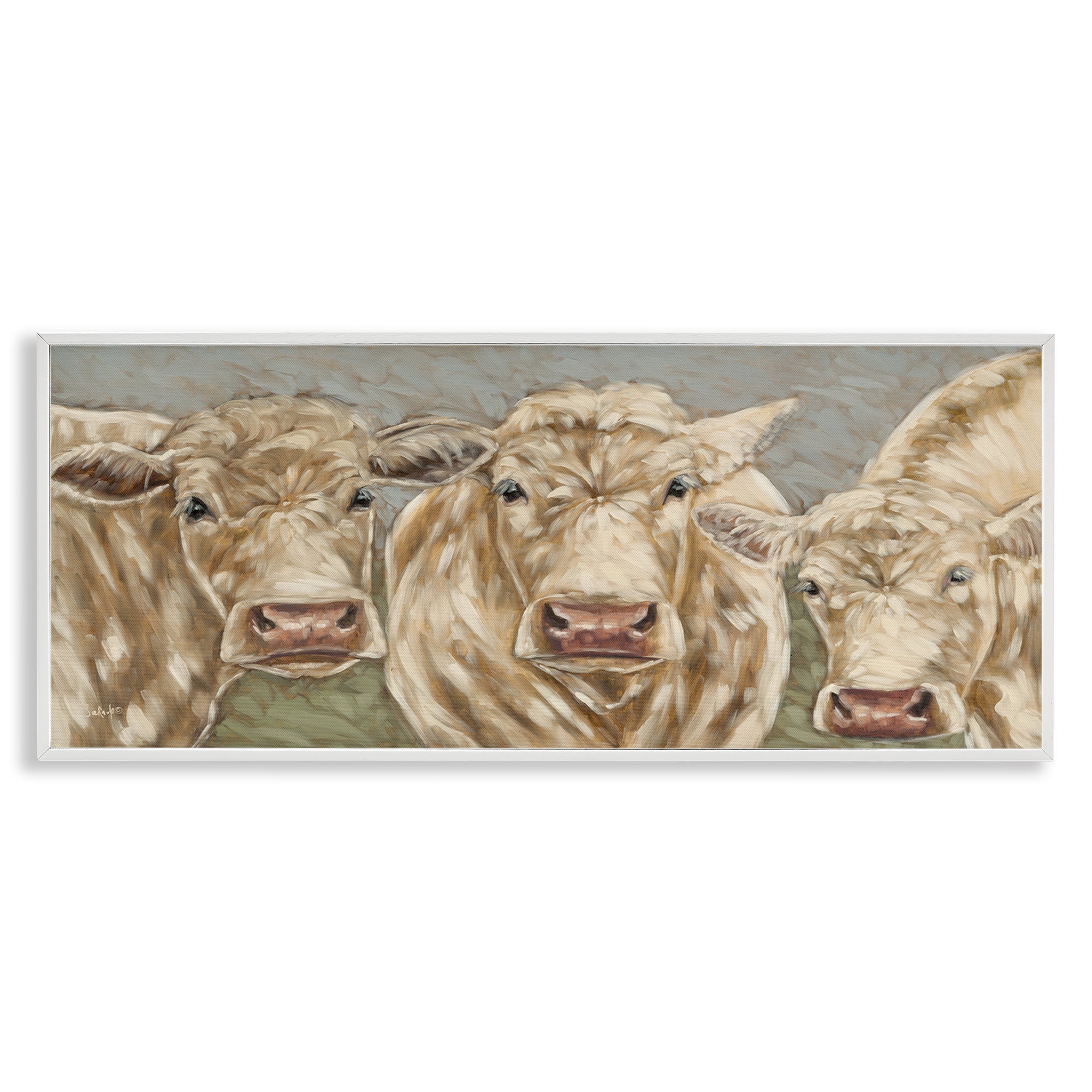 Stupell Industries Beige Cow Trio Animals & Insects Painting White Framed Art Print Wall Art, 24 x 10