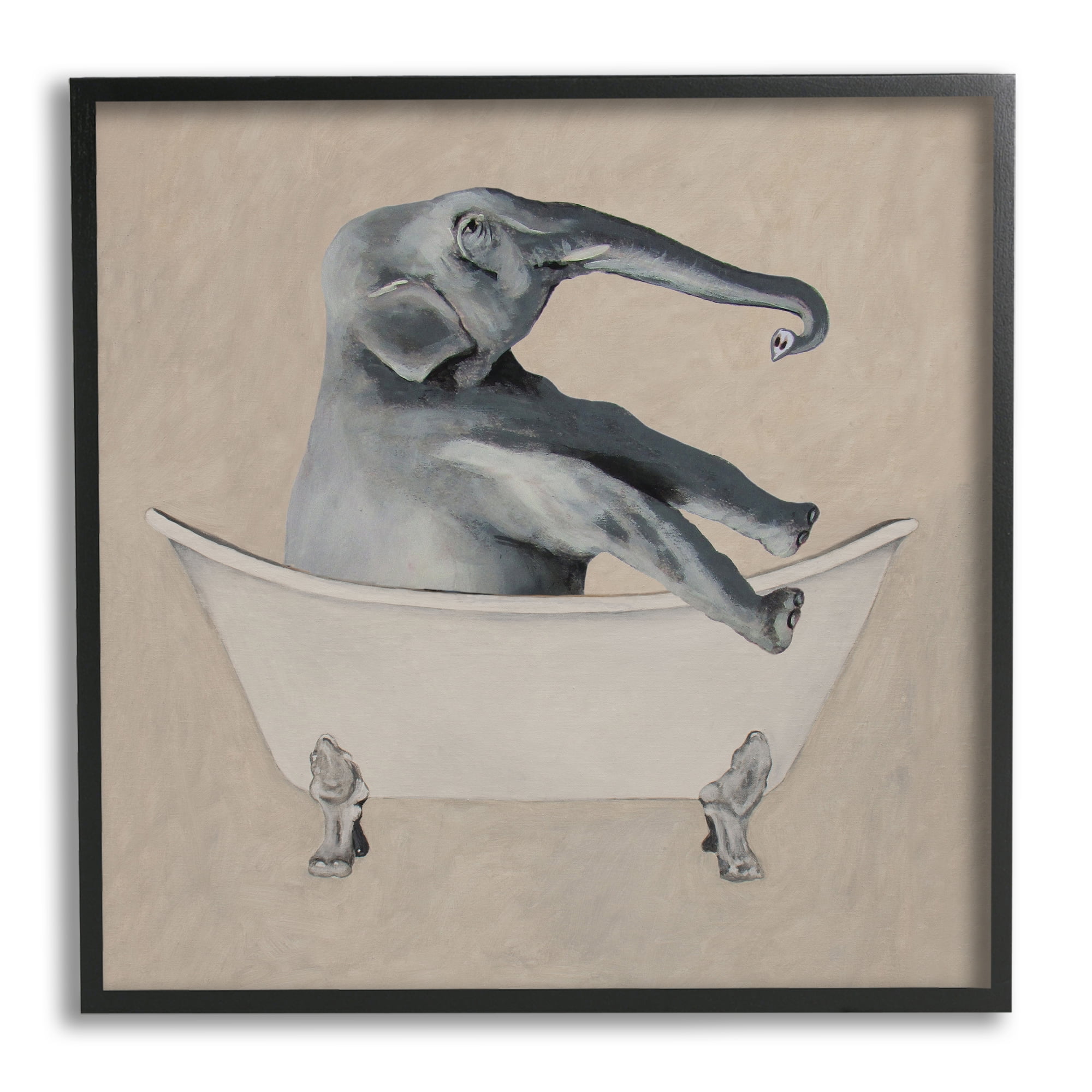 Stupell Industries Beige Elephant Bathroom Tub Animals & Insects Painting Black Framed Art Print Wall Art