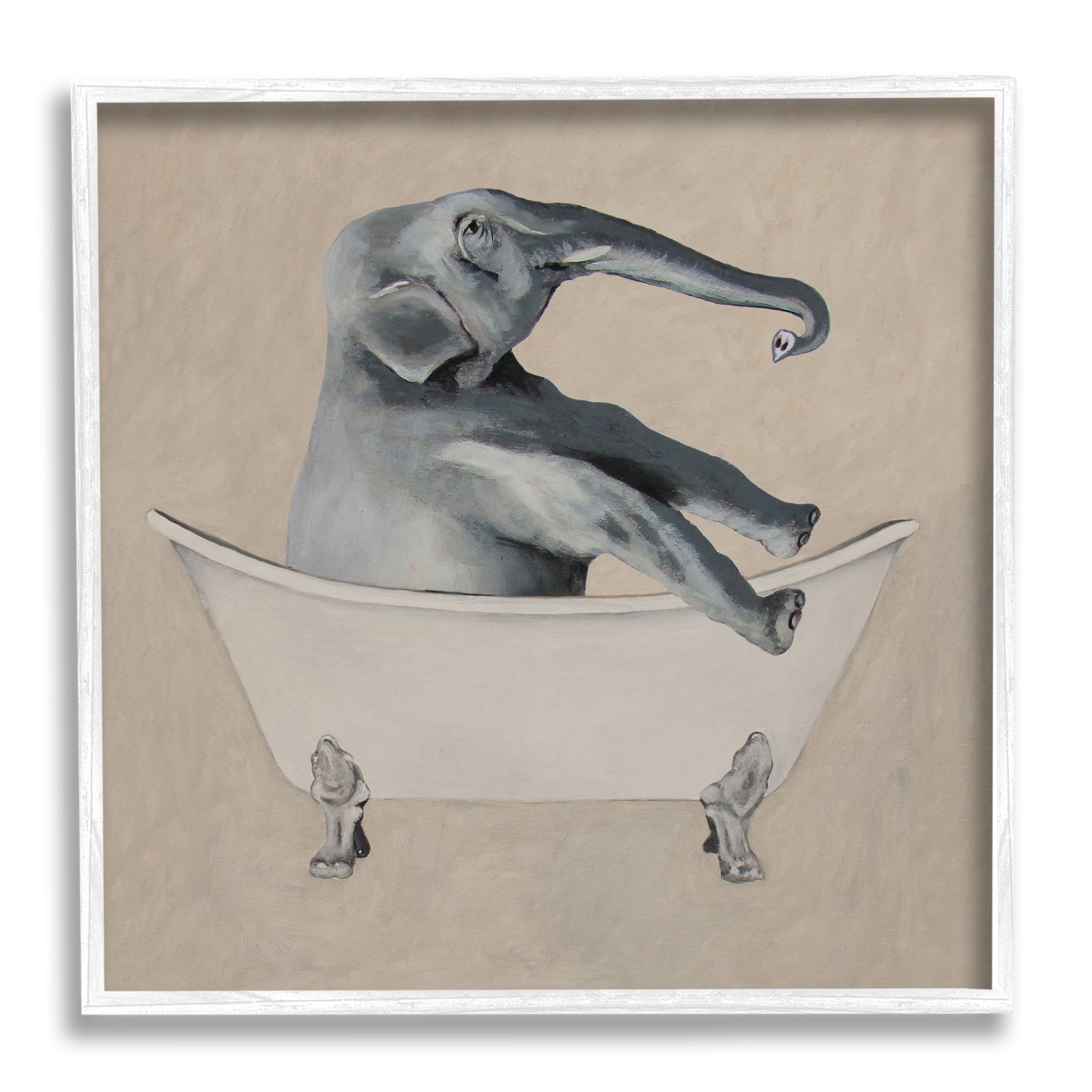 Stupell Industries Beige Elephant Bathroom Tub Animals & Insects Painting White Framed Art Print Wall Art